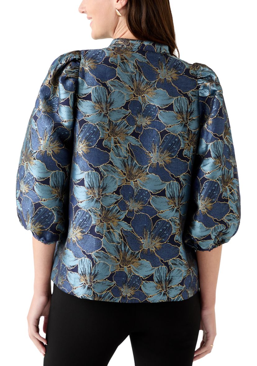  Womens 3/4 Puff Sleeve Split Neck Jacquard Top 