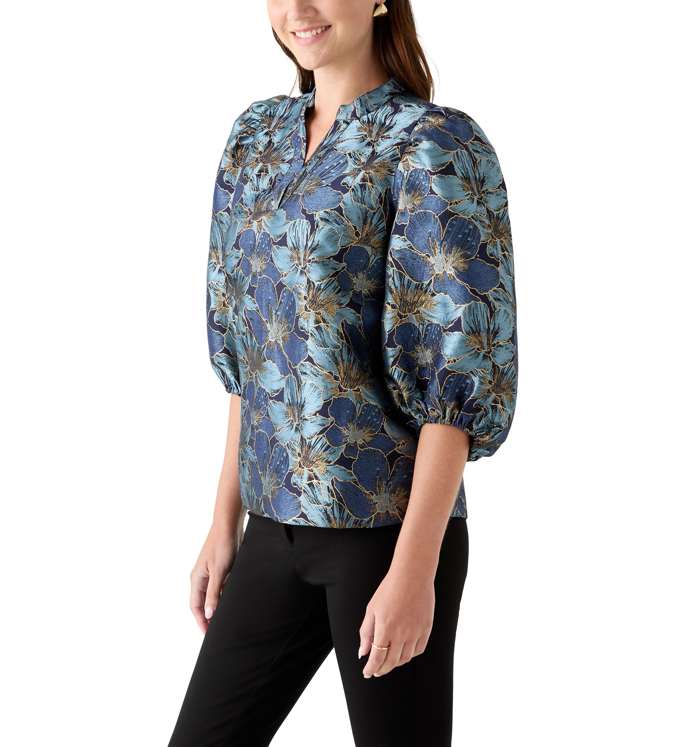  Womens 3/4 Puff Sleeve Split Neck Jacquard Top 