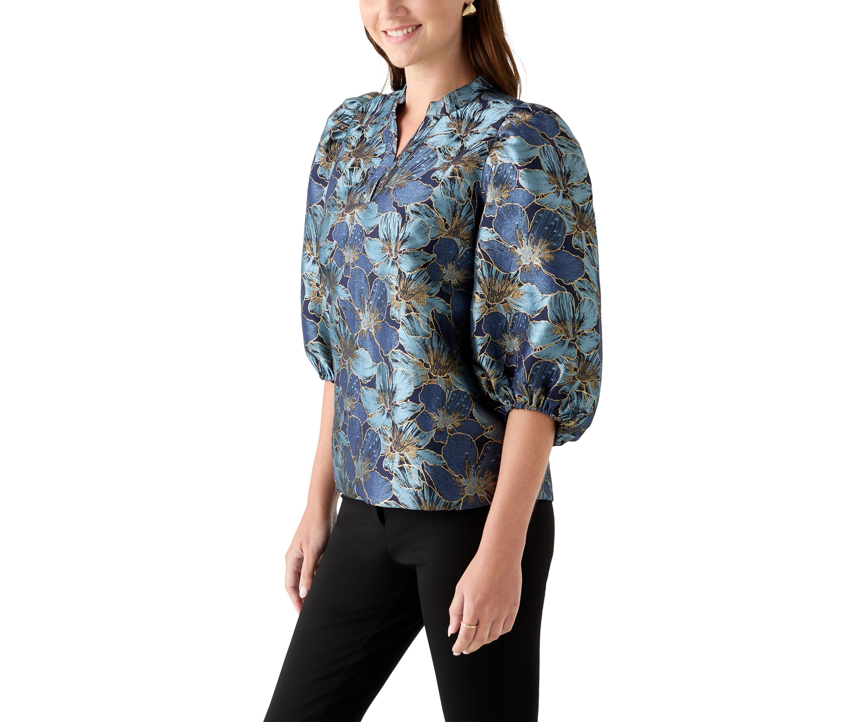  Womens 3/4 Puff Sleeve Split Neck Jacquard Top 