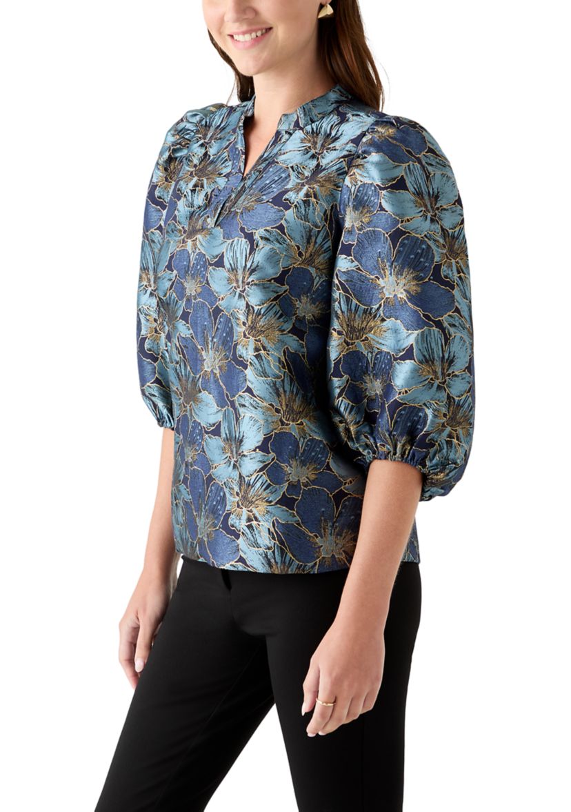  Womens 3/4 Puff Sleeve Split Neck Jacquard Top 