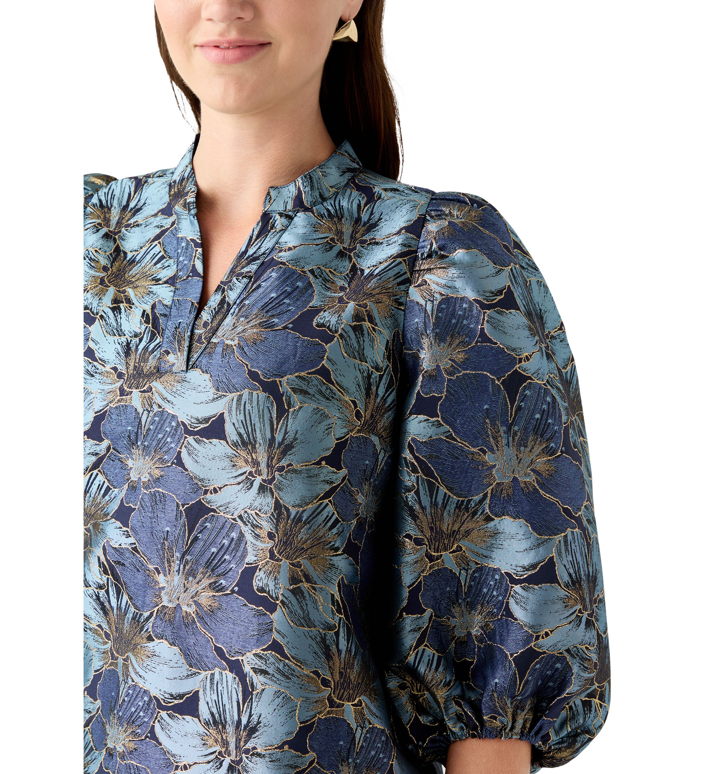  Womens 3/4 Puff Sleeve Split Neck Jacquard Top 