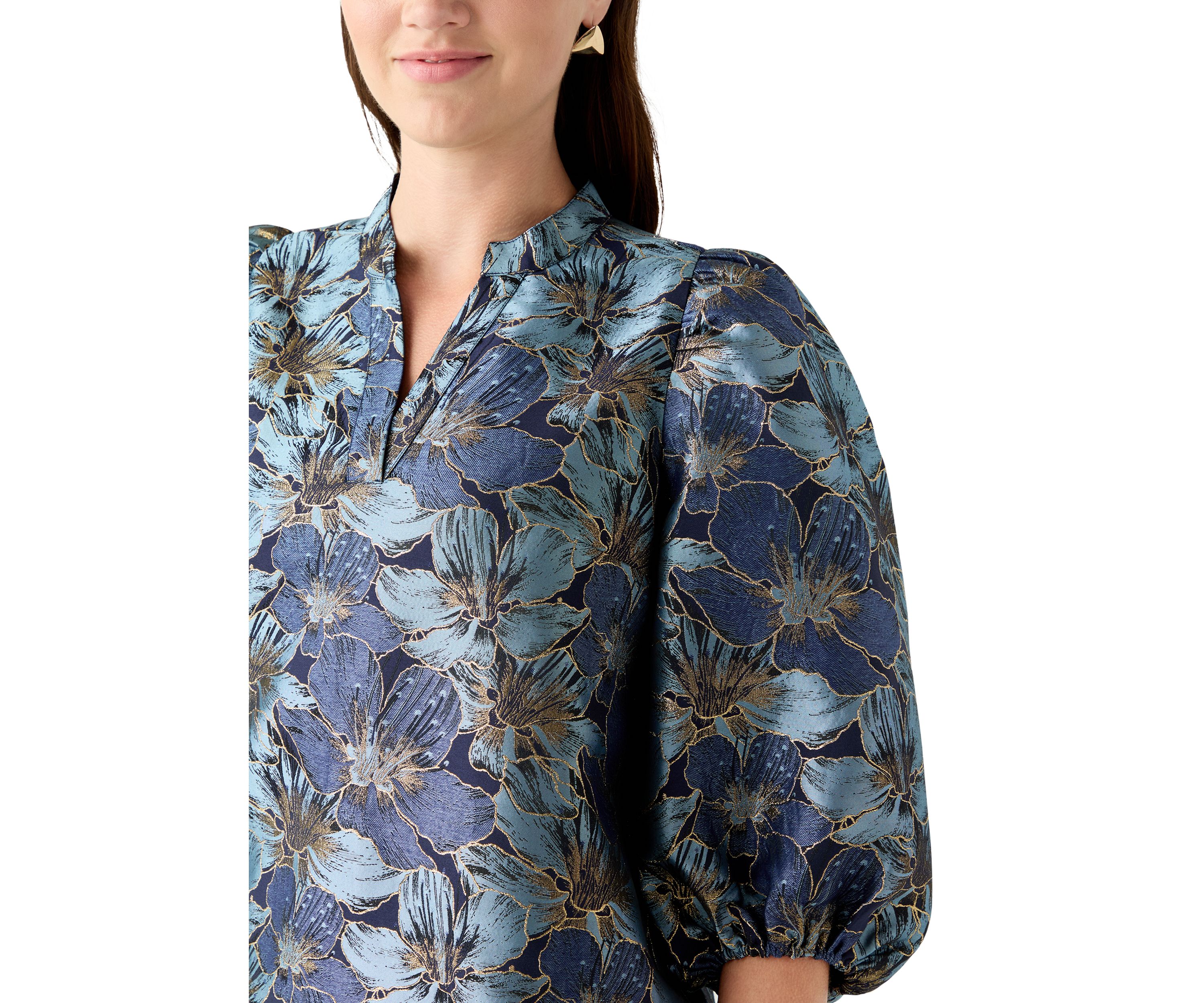  Womens 3/4 Puff Sleeve Split Neck Jacquard Top 