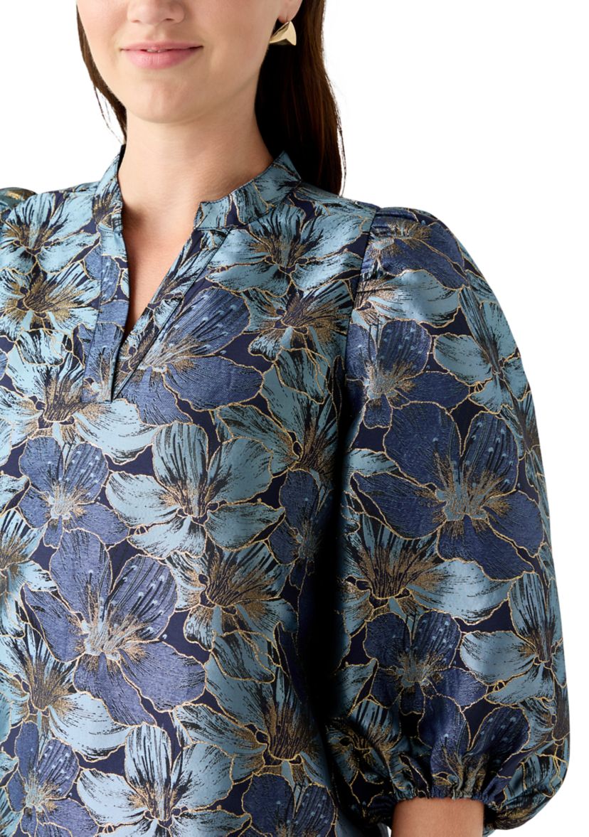 Womens 3/4 Puff Sleeve Split Neck Jacquard Top 