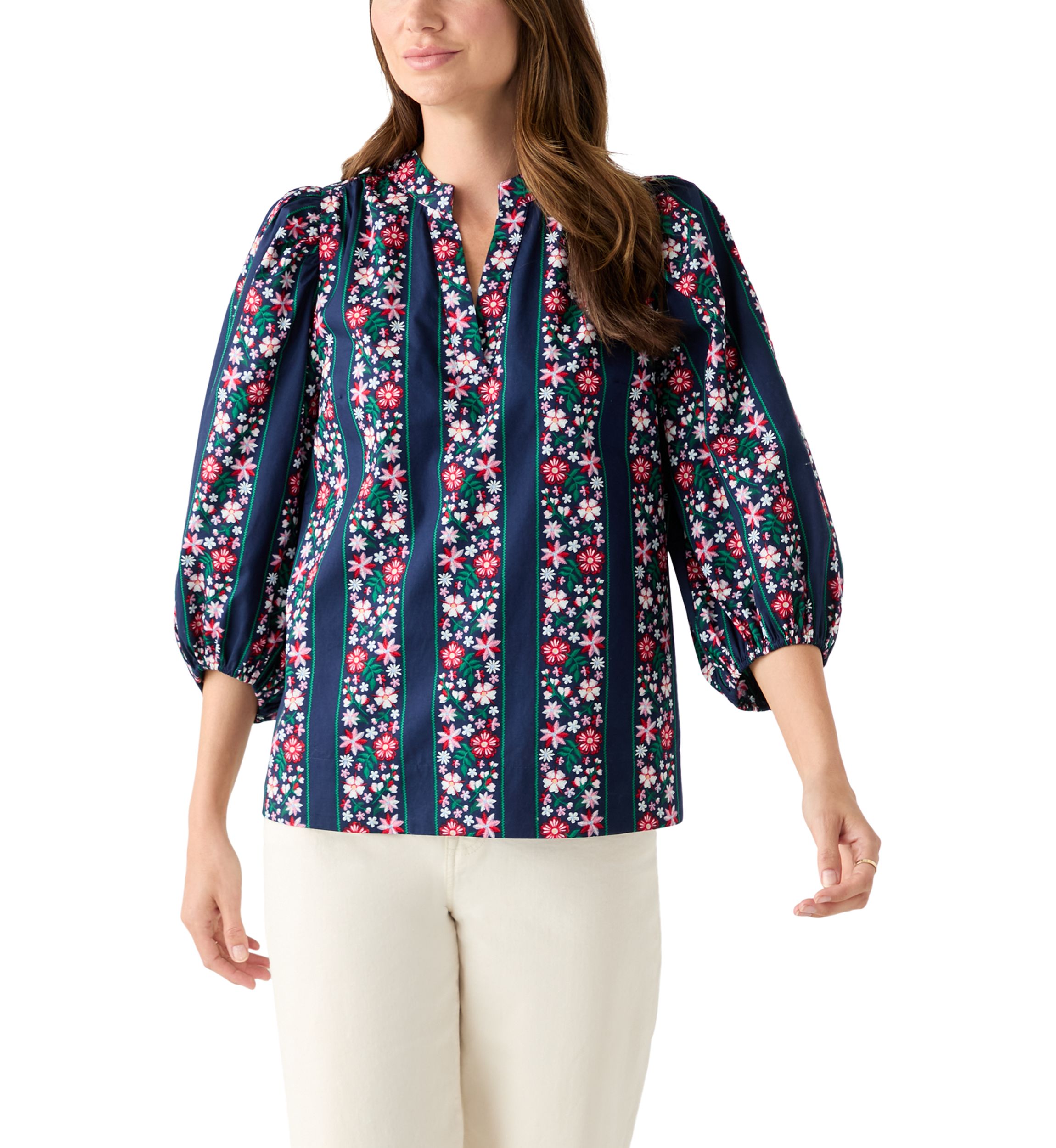  Womens 3/4 Puff Sleeve Split Neck Printed Top 