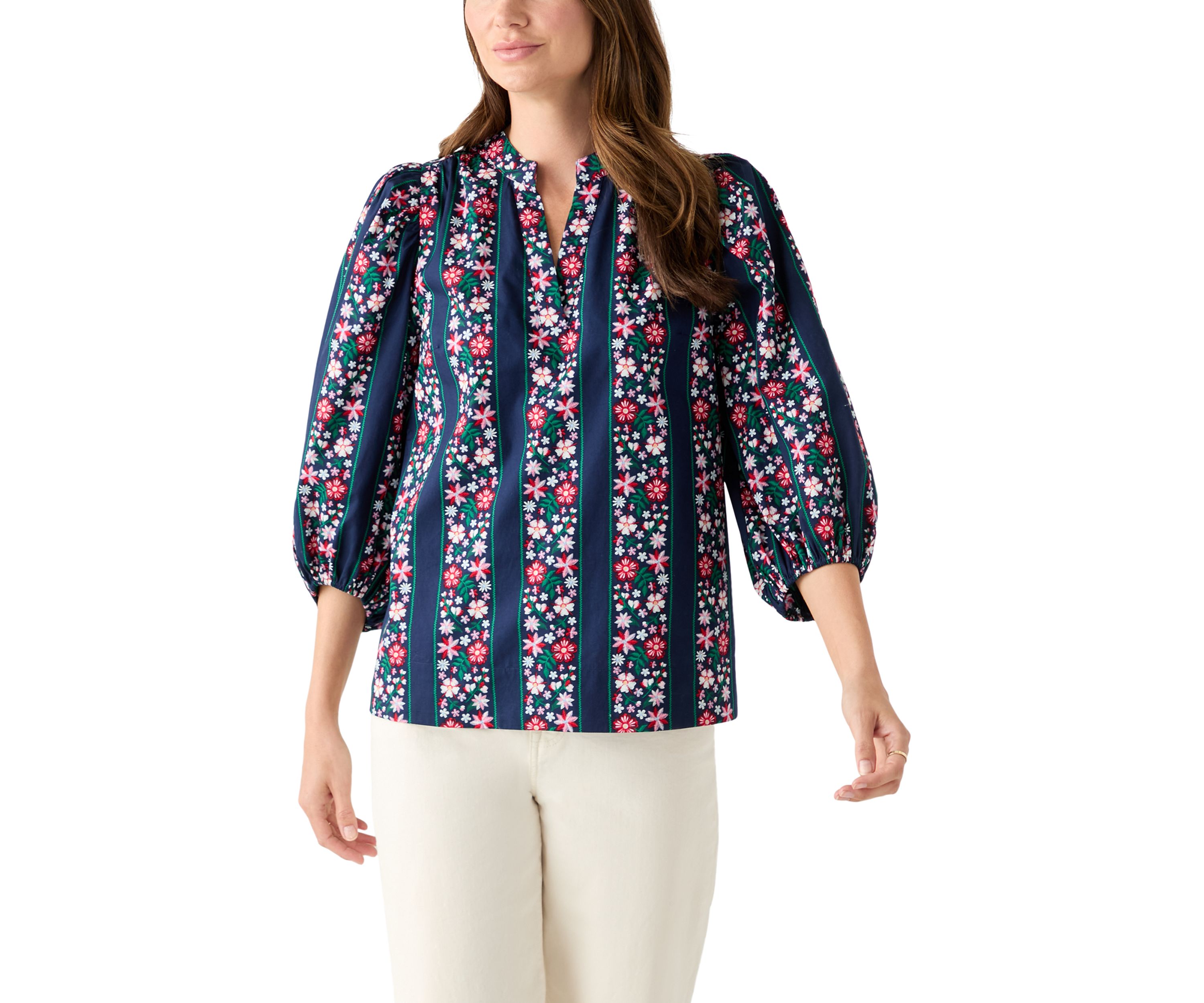  Womens 3/4 Puff Sleeve Split Neck Printed Top 