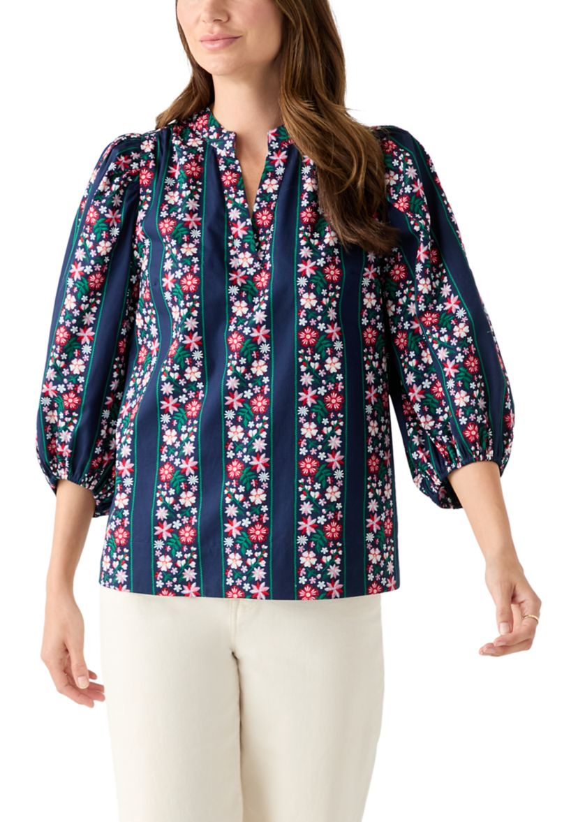  Womens 3/4 Puff Sleeve Split Neck Printed Top 