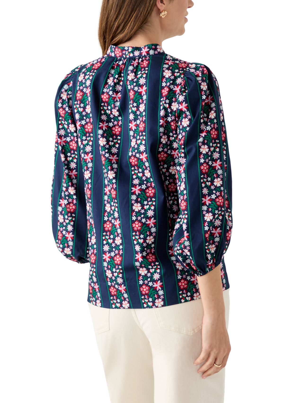  Womens 3/4 Puff Sleeve Split Neck Printed Top 