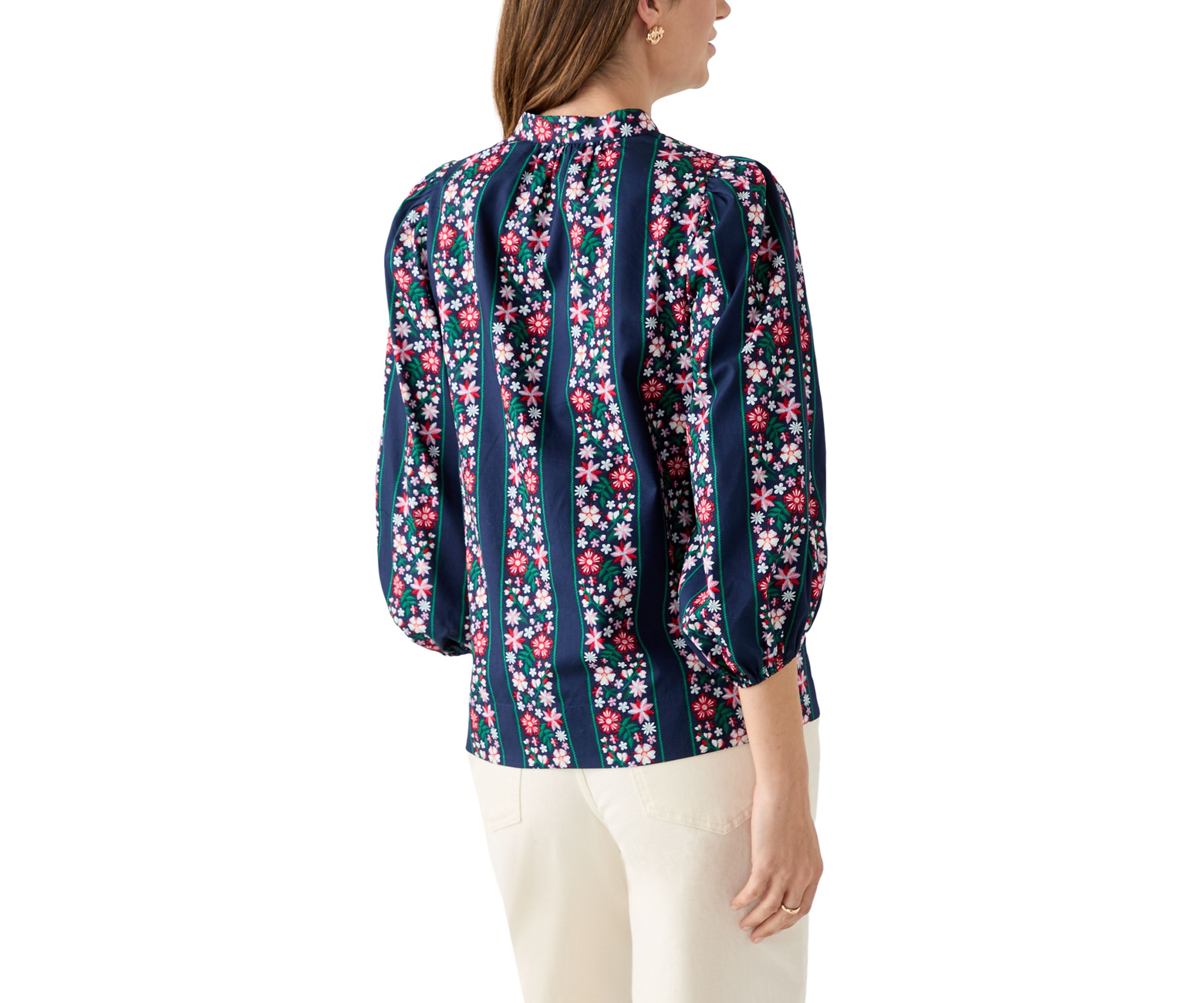  Womens 3/4 Puff Sleeve Split Neck Printed Top 