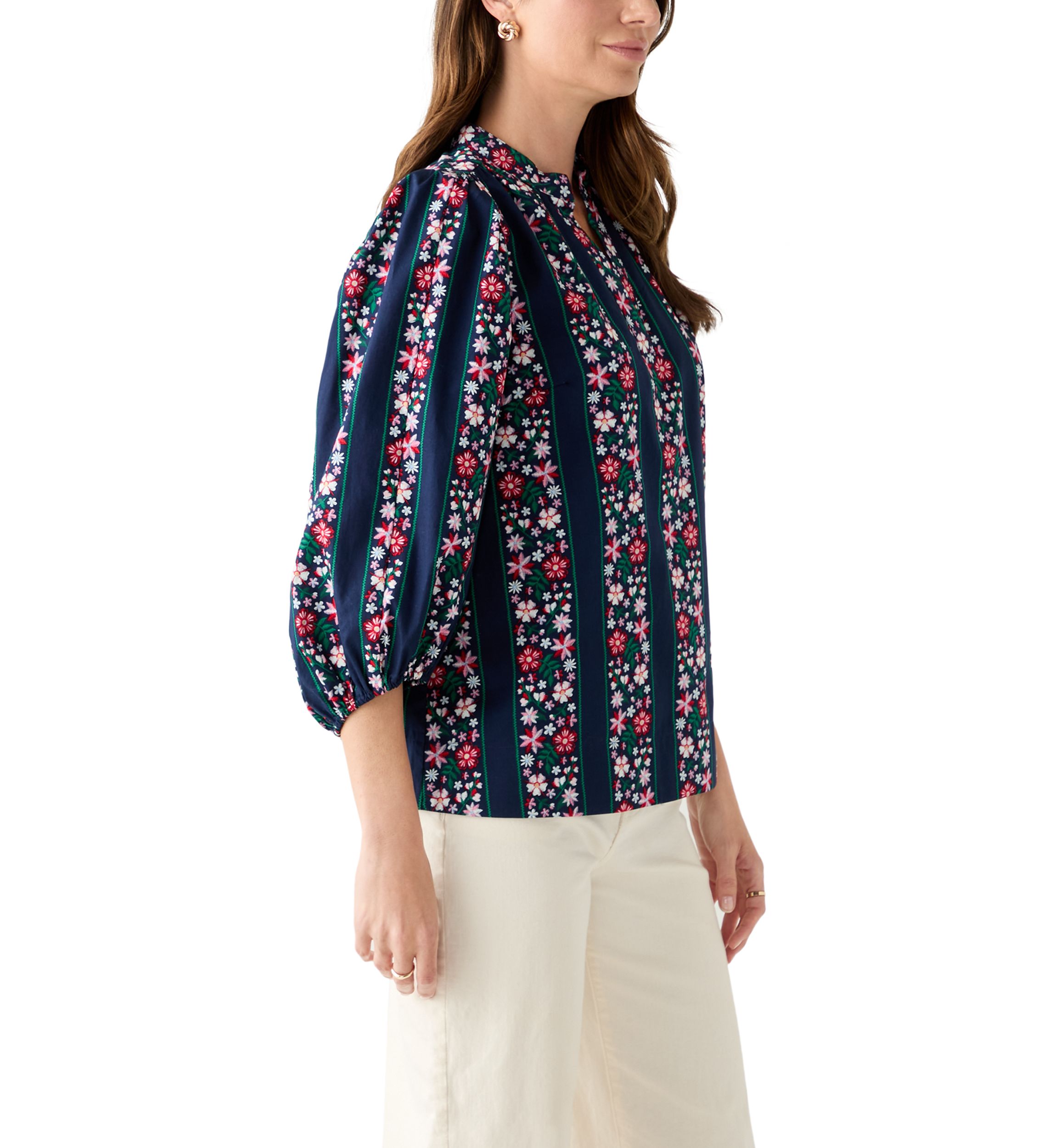  Womens 3/4 Puff Sleeve Split Neck Printed Top 
