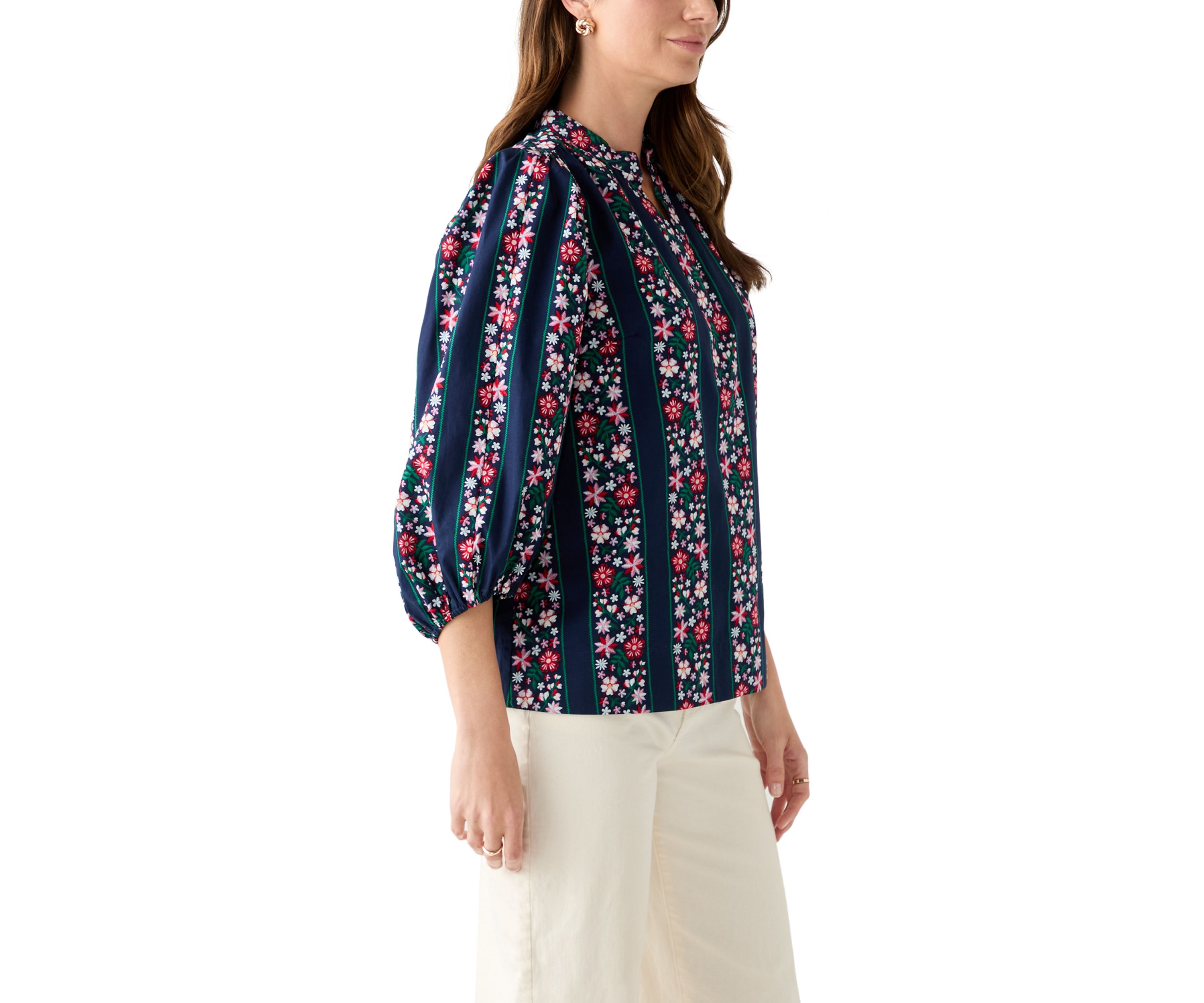  Womens 3/4 Puff Sleeve Split Neck Printed Top 