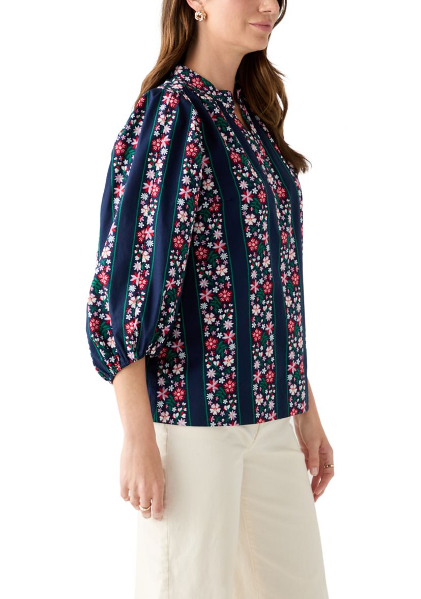  Womens 3/4 Puff Sleeve Split Neck Printed Top 