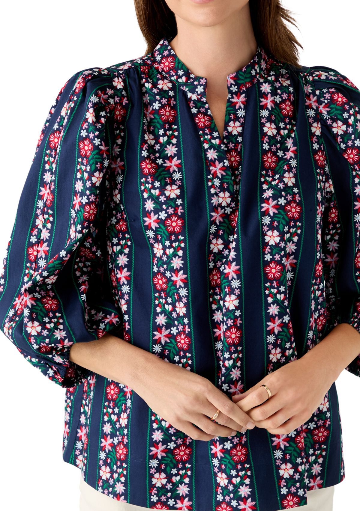  Womens 3/4 Puff Sleeve Split Neck Printed Top 