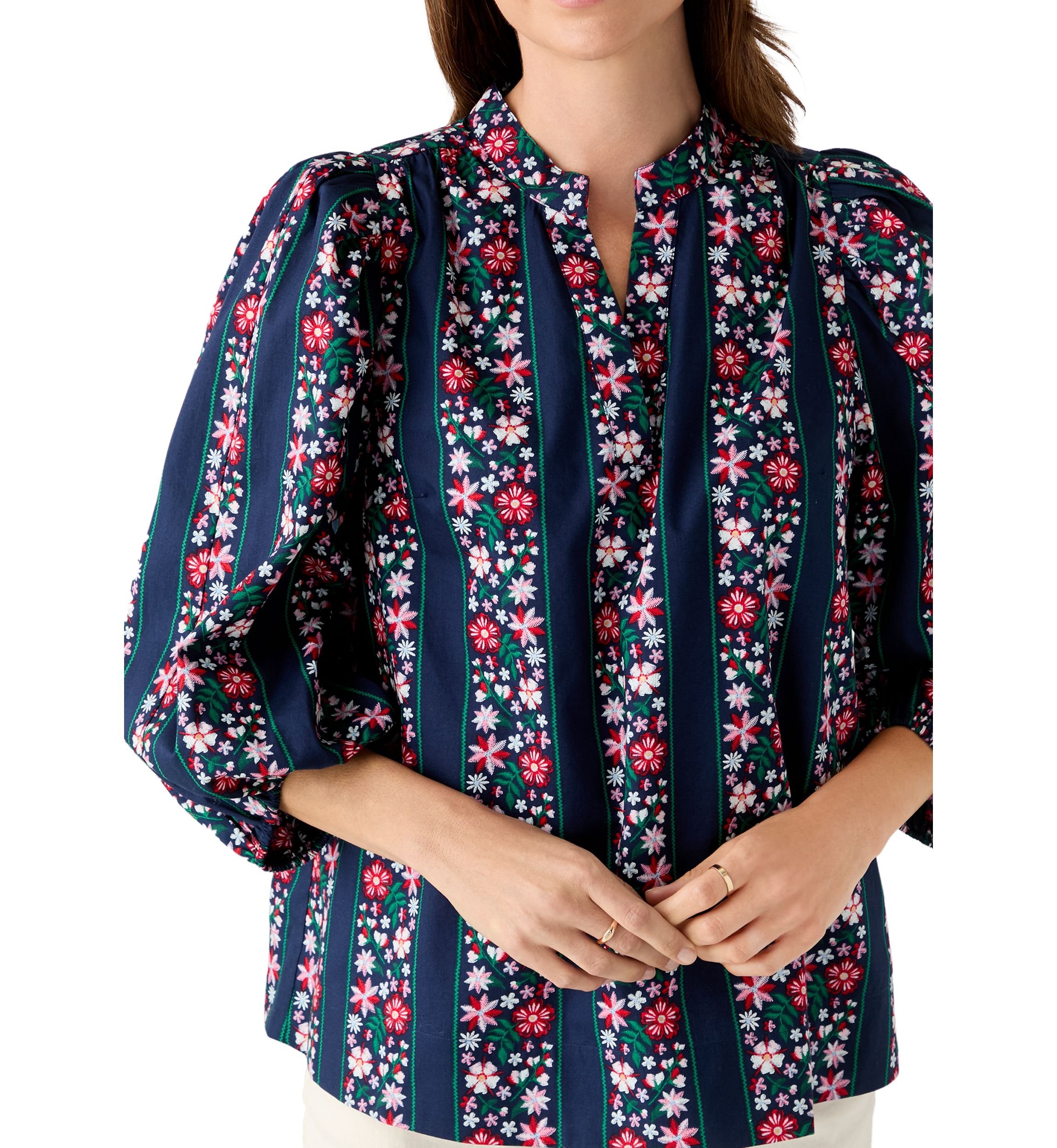  Womens 3/4 Puff Sleeve Split Neck Printed Top 