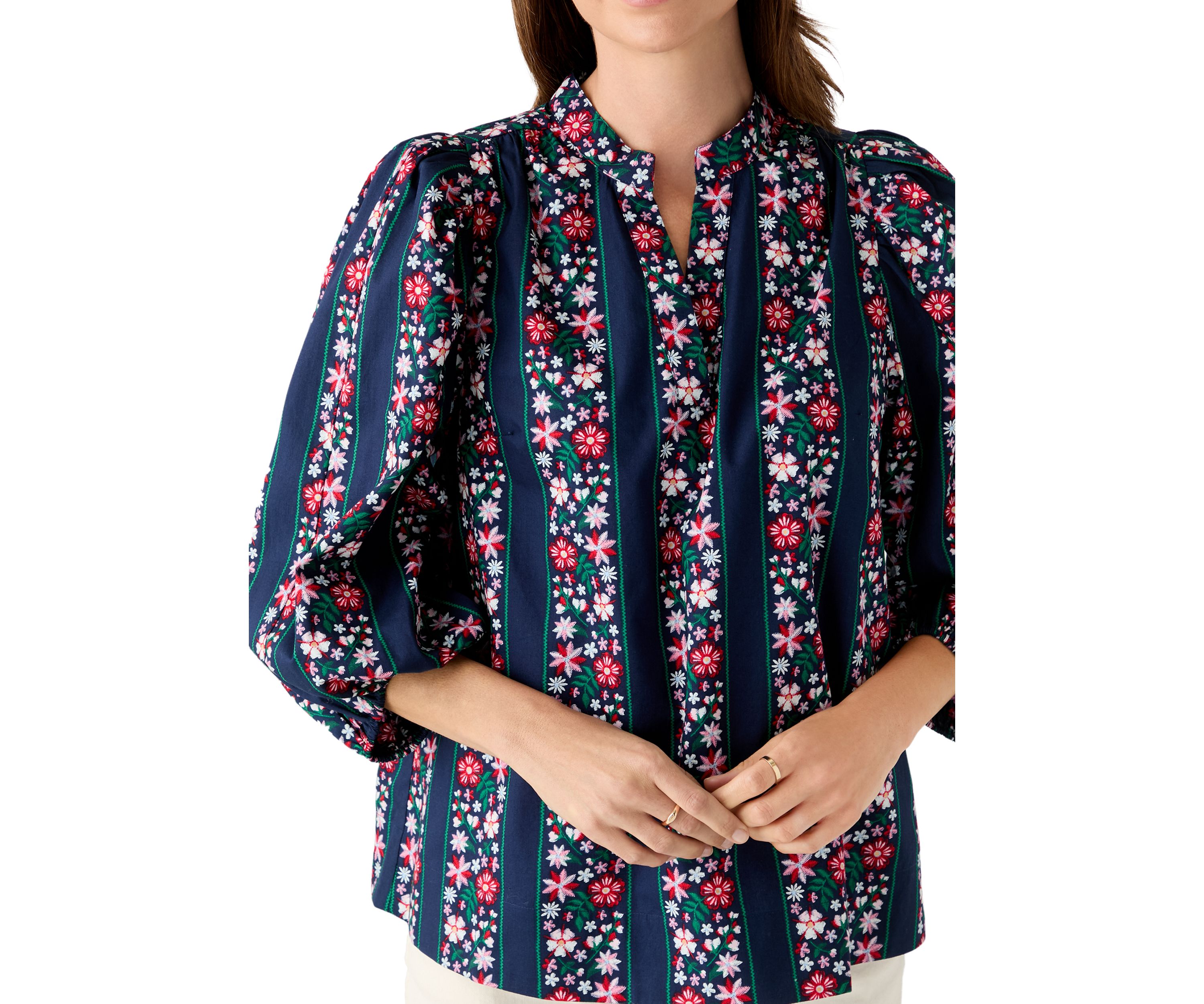  Womens 3/4 Puff Sleeve Split Neck Printed Top 
