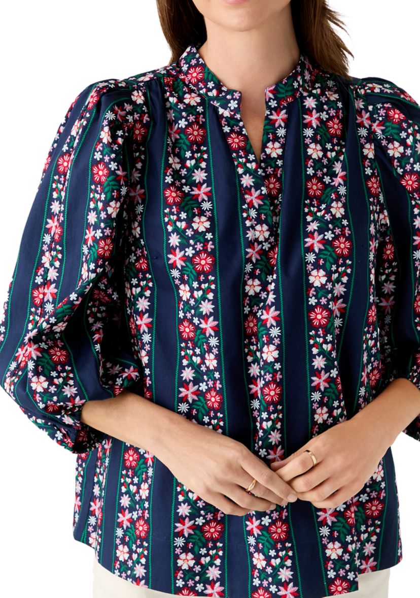  Womens 3/4 Puff Sleeve Split Neck Printed Top 