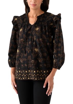 Crown & Ivy Women's 3/4 Ruffle Sleeve Smocked Split Neck Top, Brown, Small