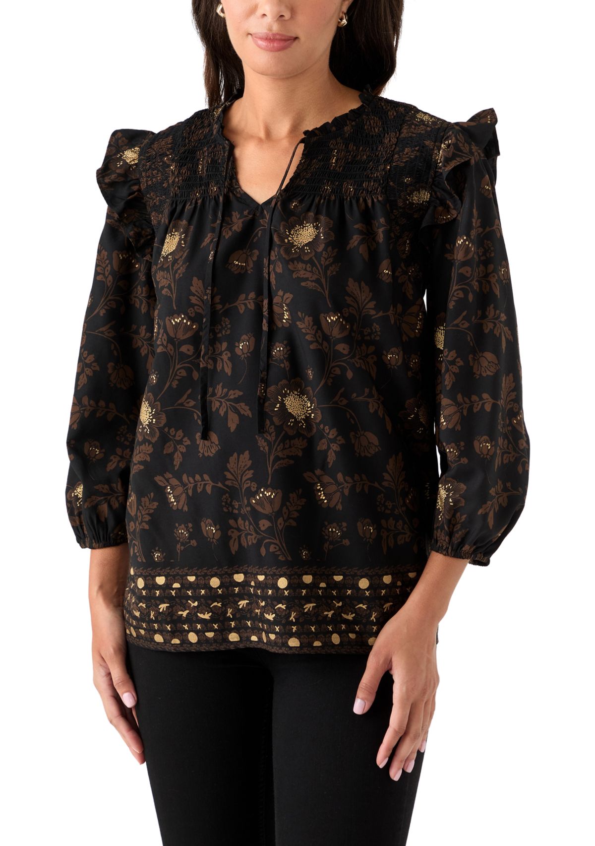  Womens 3/4 Ruffle Sleeve Smocked Split Neck Top 