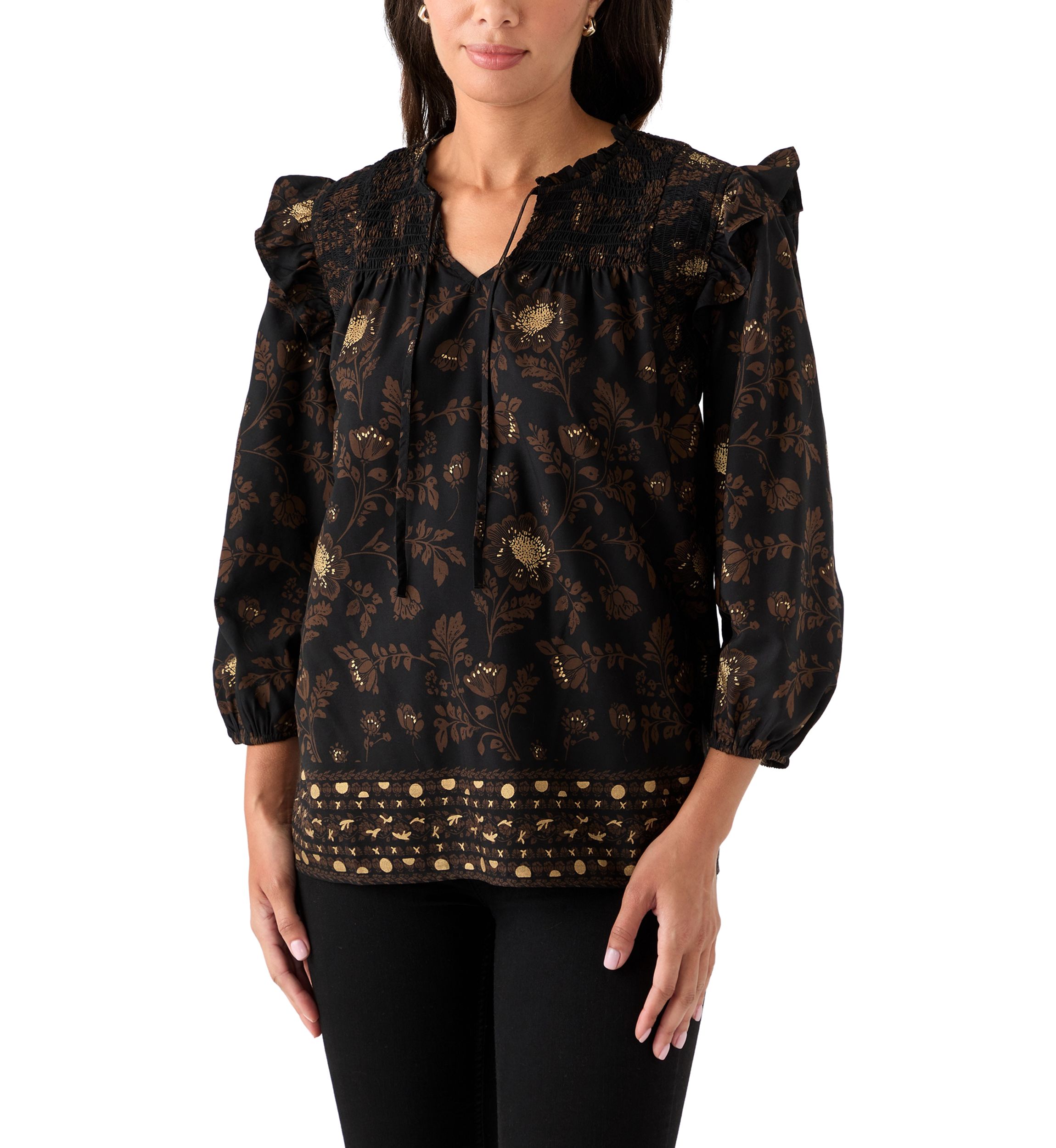  Womens 3/4 Ruffle Sleeve Smocked Split Neck Top 