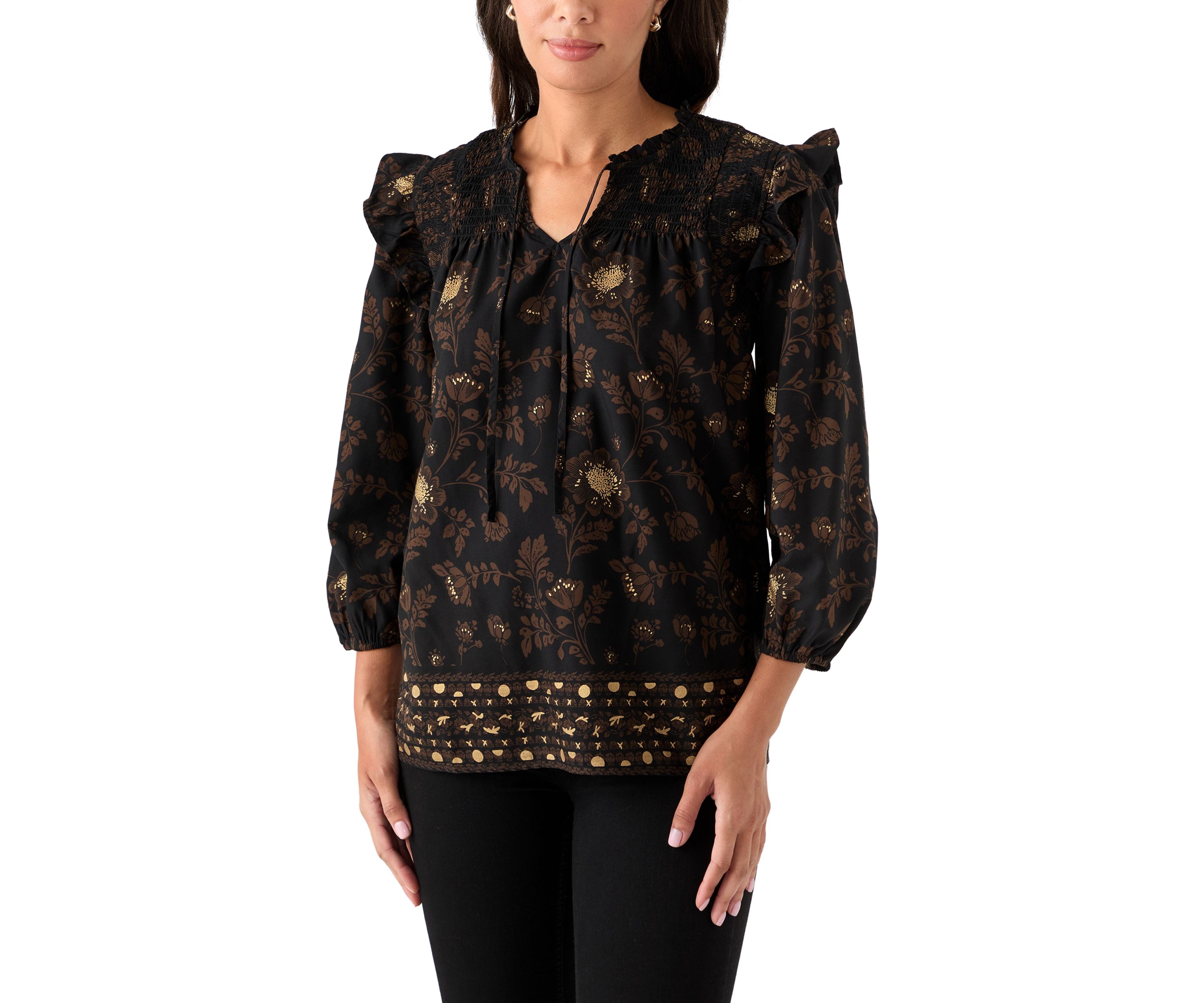  Womens 3/4 Ruffle Sleeve Smocked Split Neck Top 