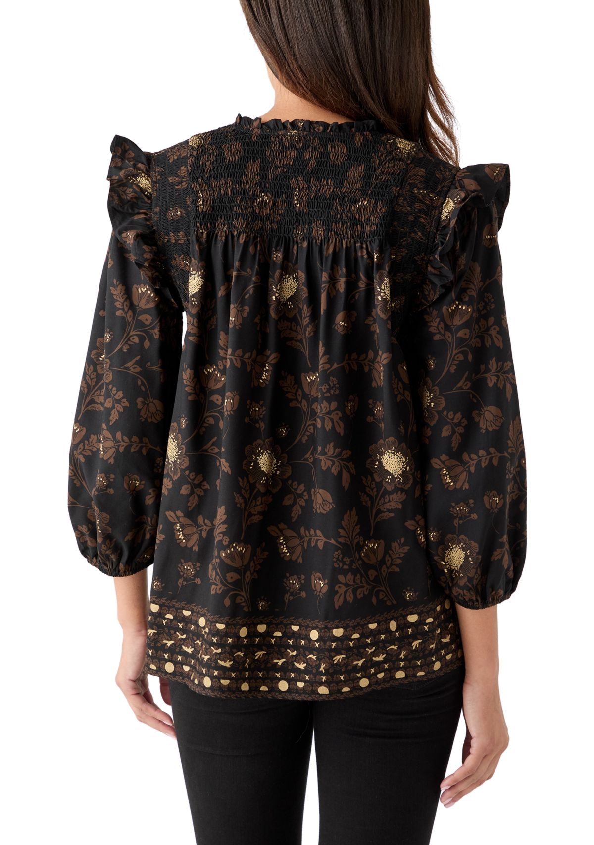  Womens 3/4 Ruffle Sleeve Smocked Split Neck Top 