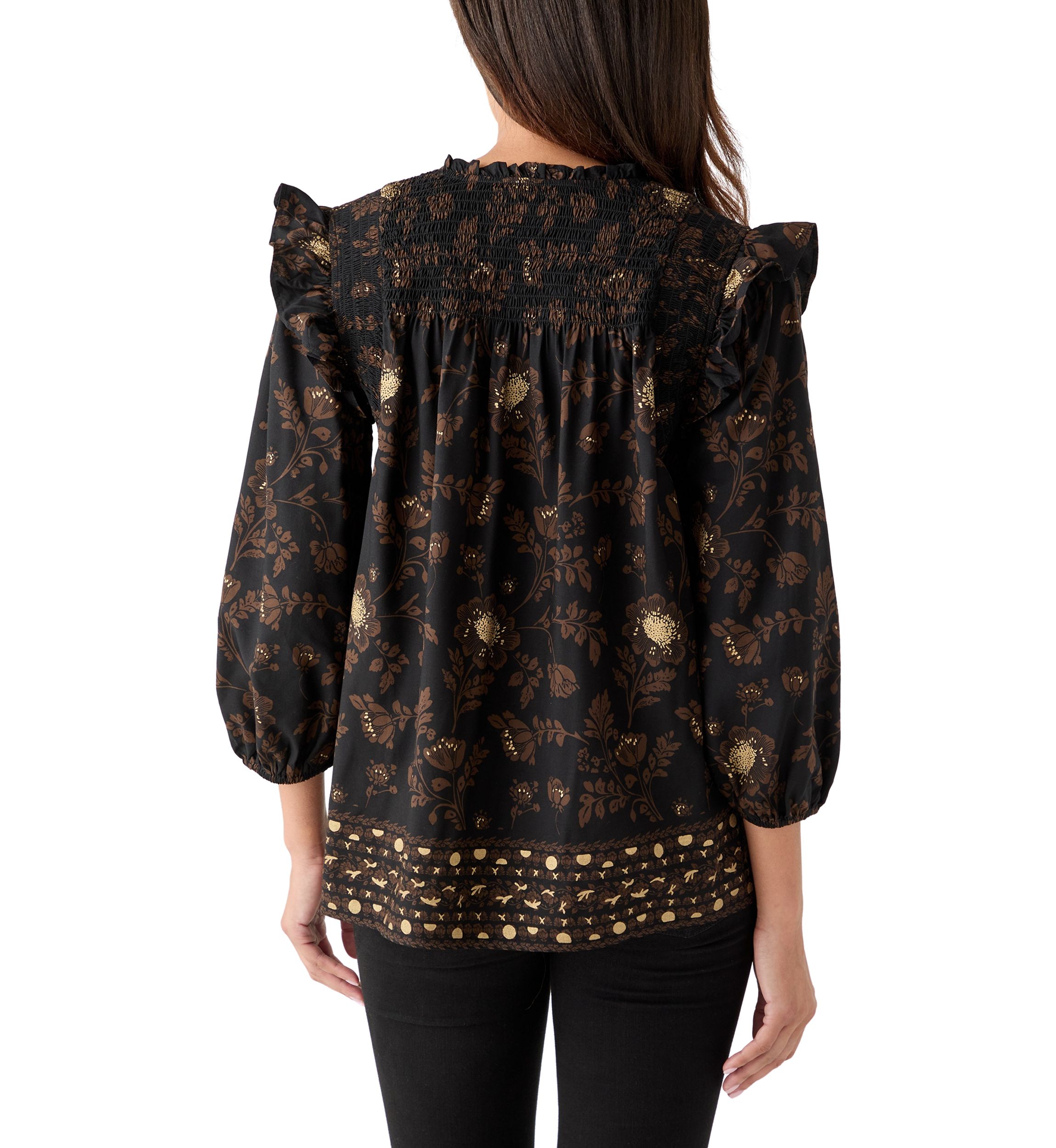  Womens 3/4 Ruffle Sleeve Smocked Split Neck Top 