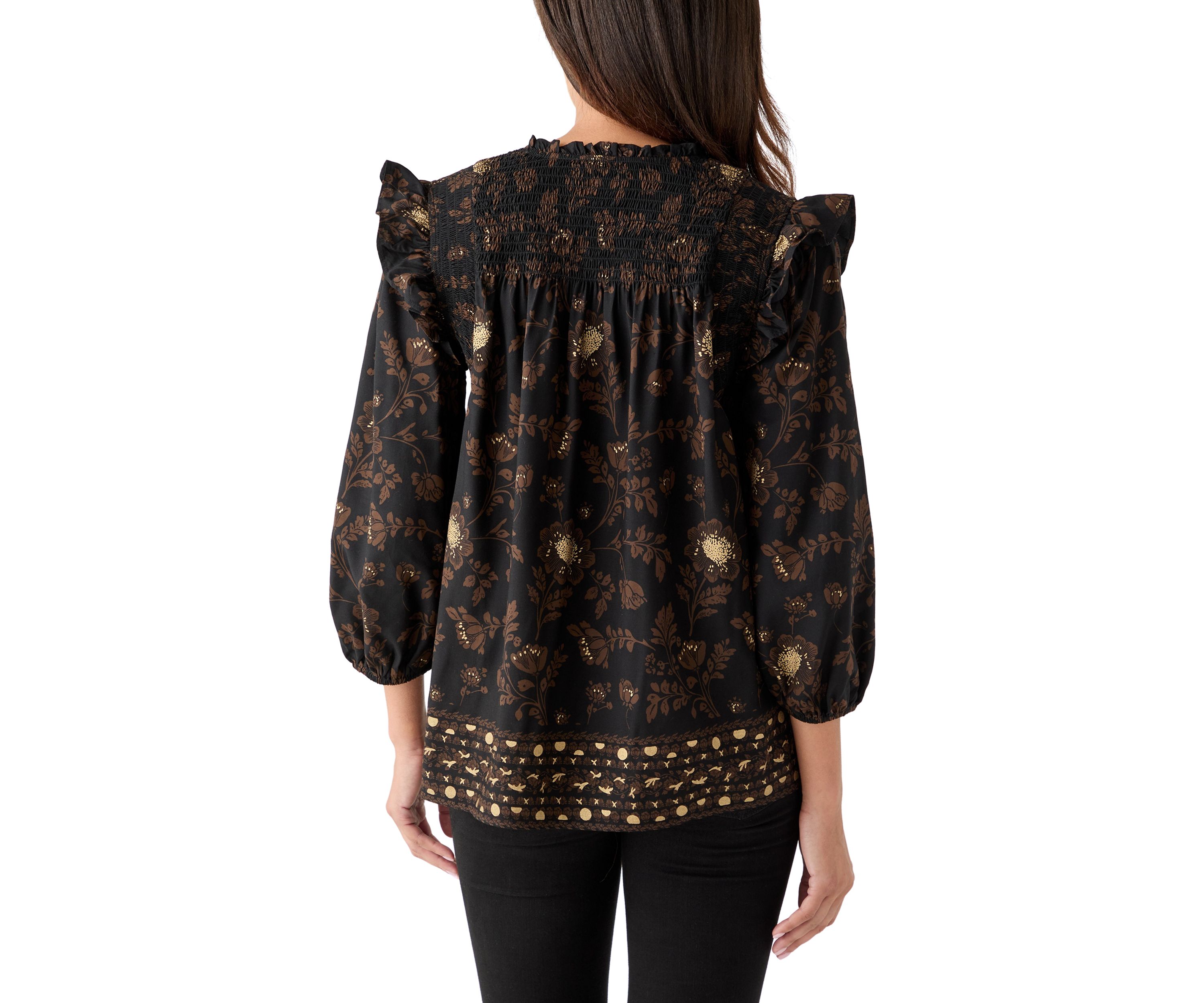  Womens 3/4 Ruffle Sleeve Smocked Split Neck Top 