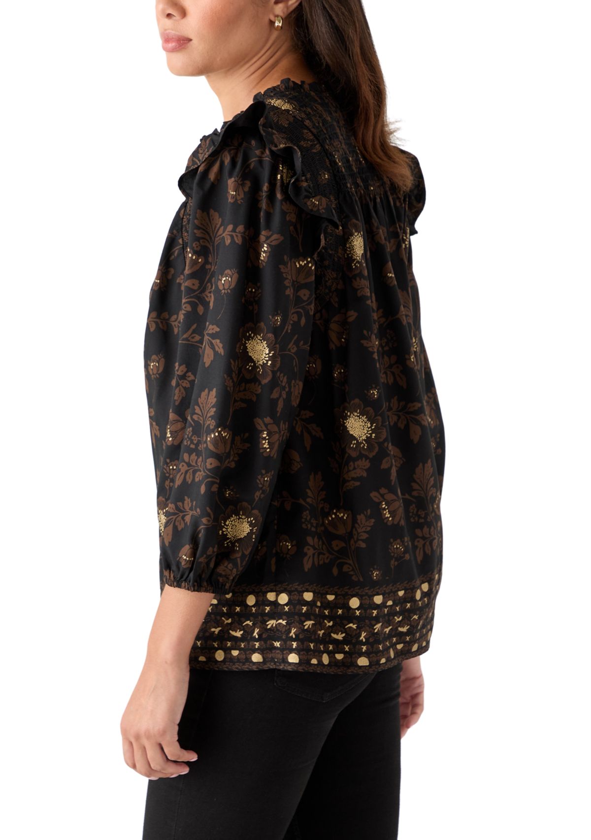  Womens 3/4 Ruffle Sleeve Smocked Split Neck Top 