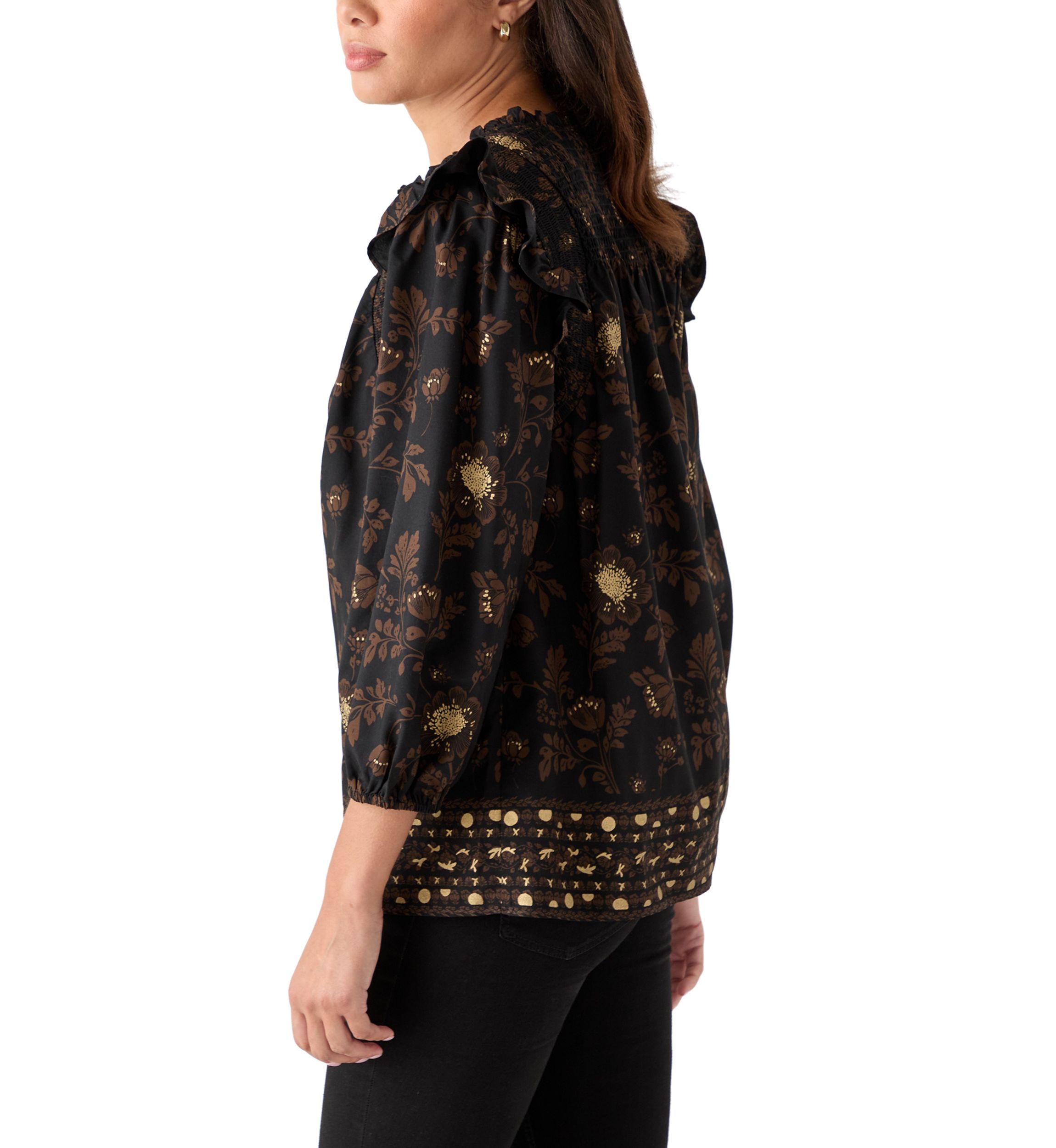  Womens 3/4 Ruffle Sleeve Smocked Split Neck Top 