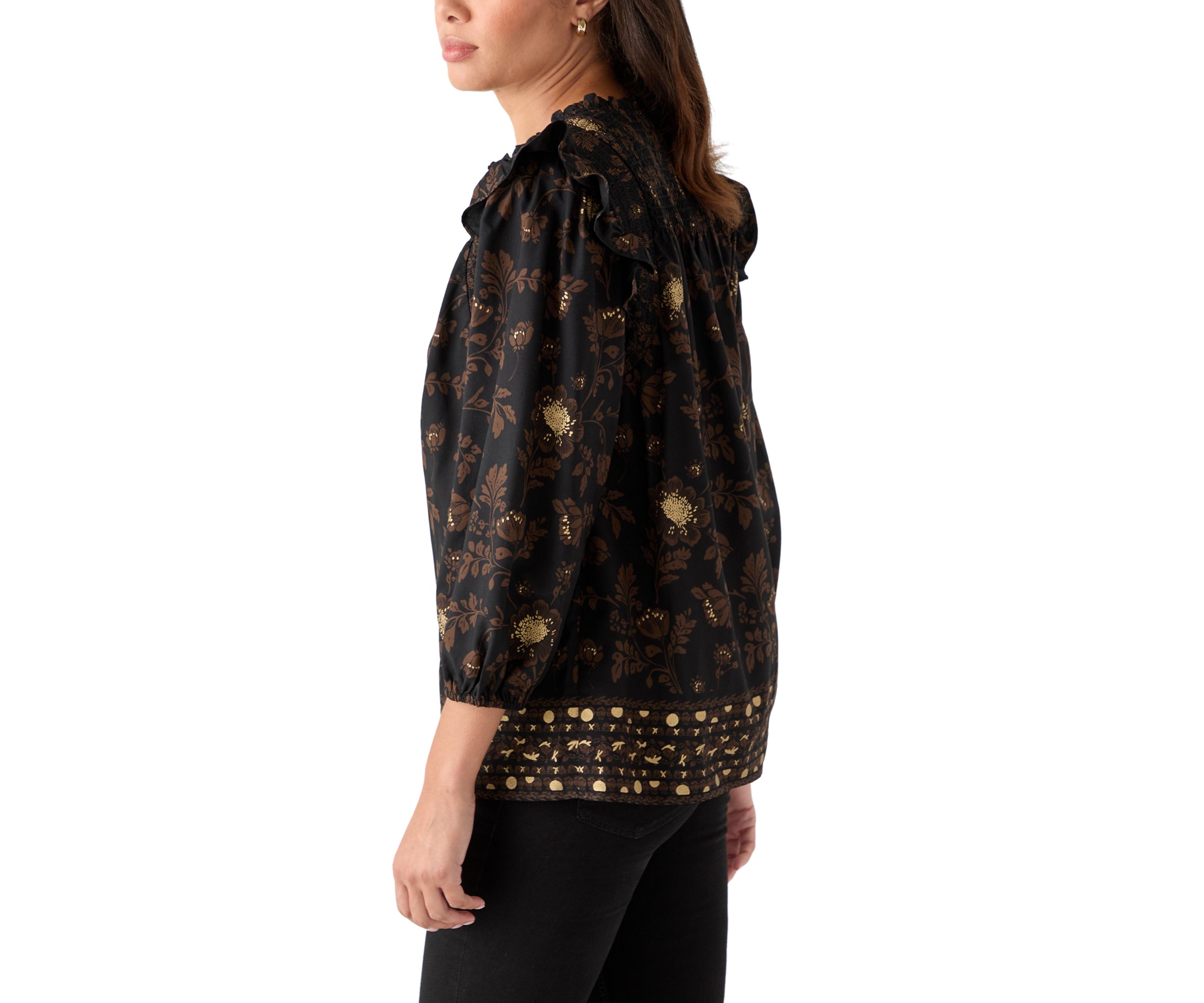  Womens 3/4 Ruffle Sleeve Smocked Split Neck Top 