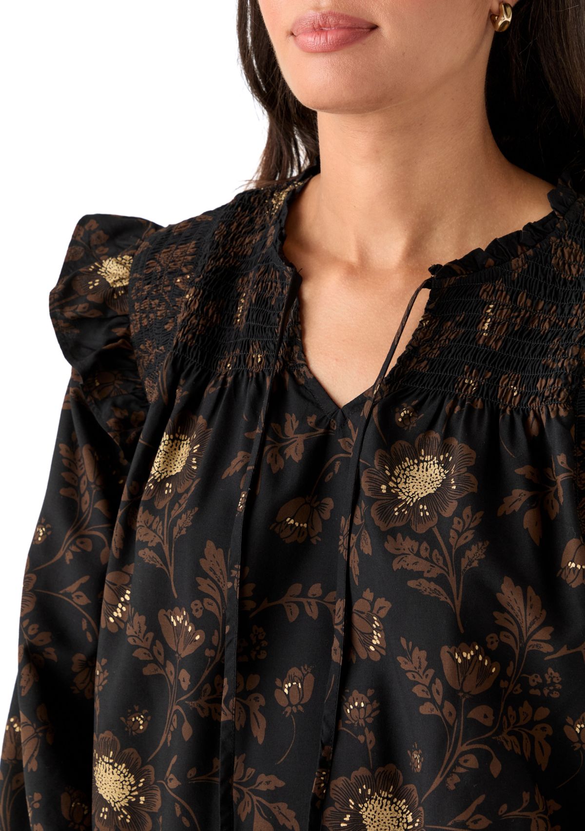  Womens 3/4 Ruffle Sleeve Smocked Split Neck Top 