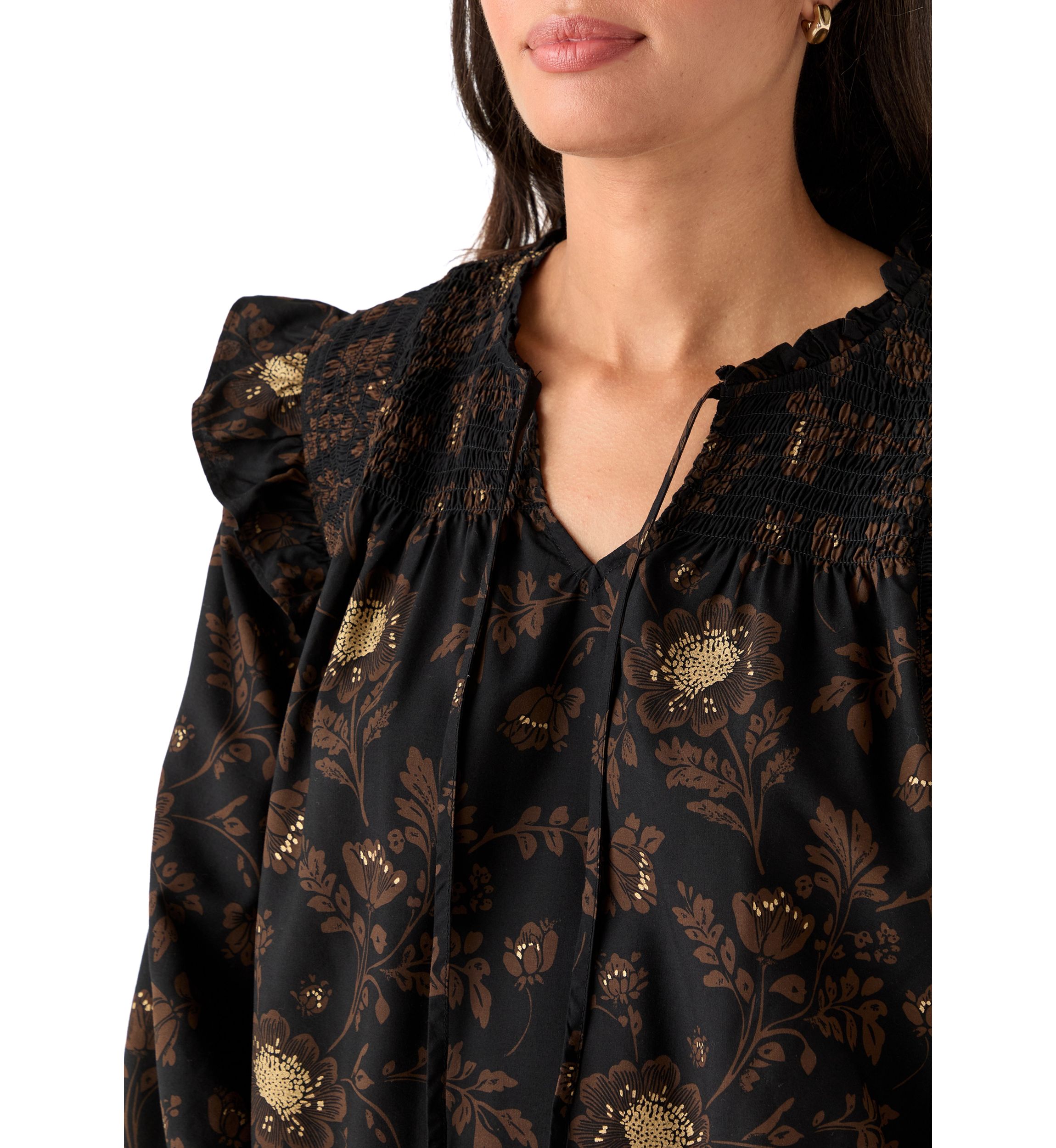  Womens 3/4 Ruffle Sleeve Smocked Split Neck Top 