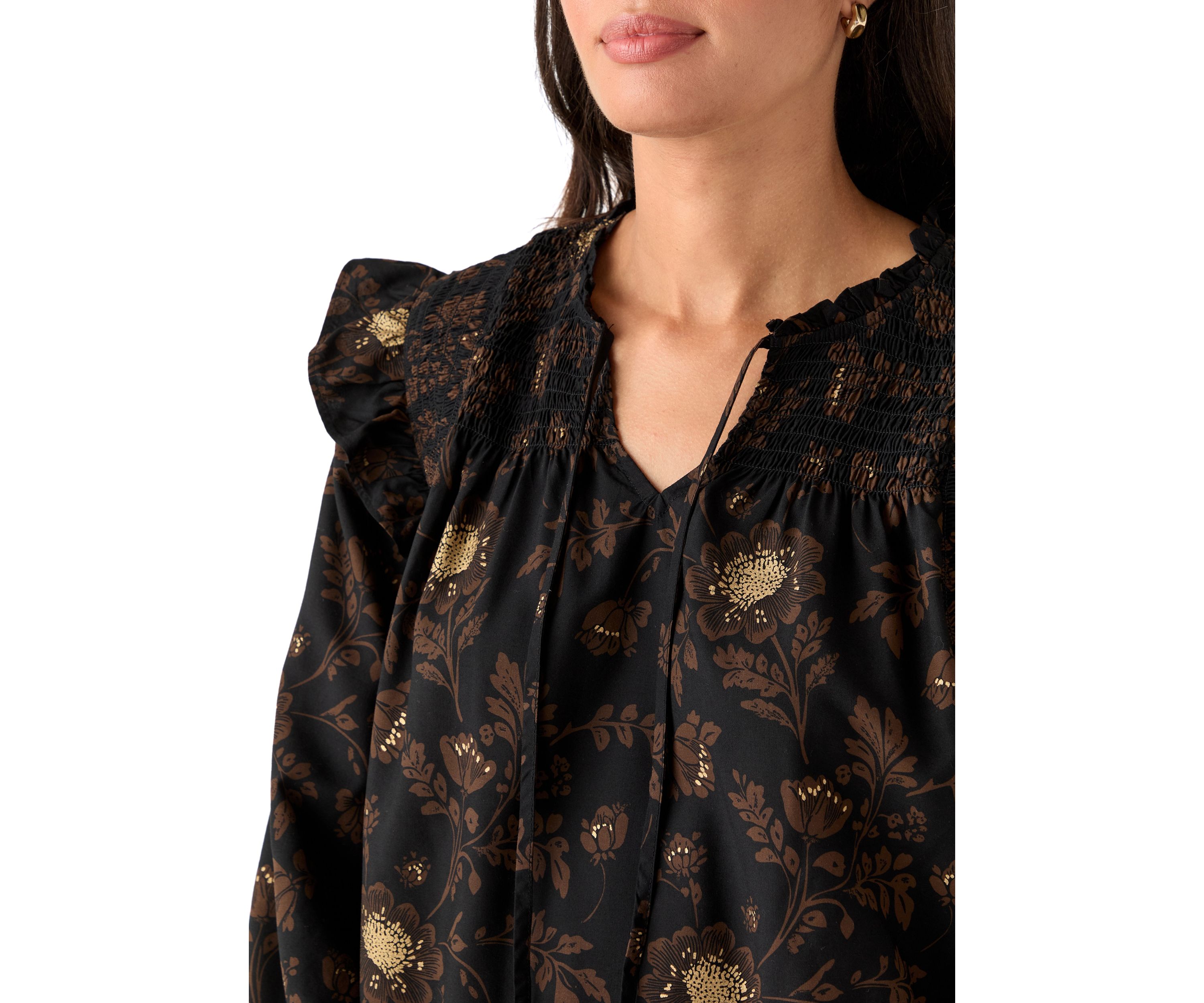  Womens 3/4 Ruffle Sleeve Smocked Split Neck Top 