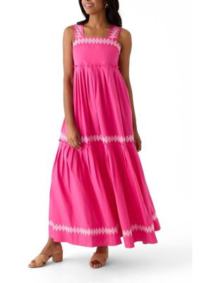 Crown & Ivy Women's Sleeveless Embroidered Tiered Maxi Dress, Pink, XL