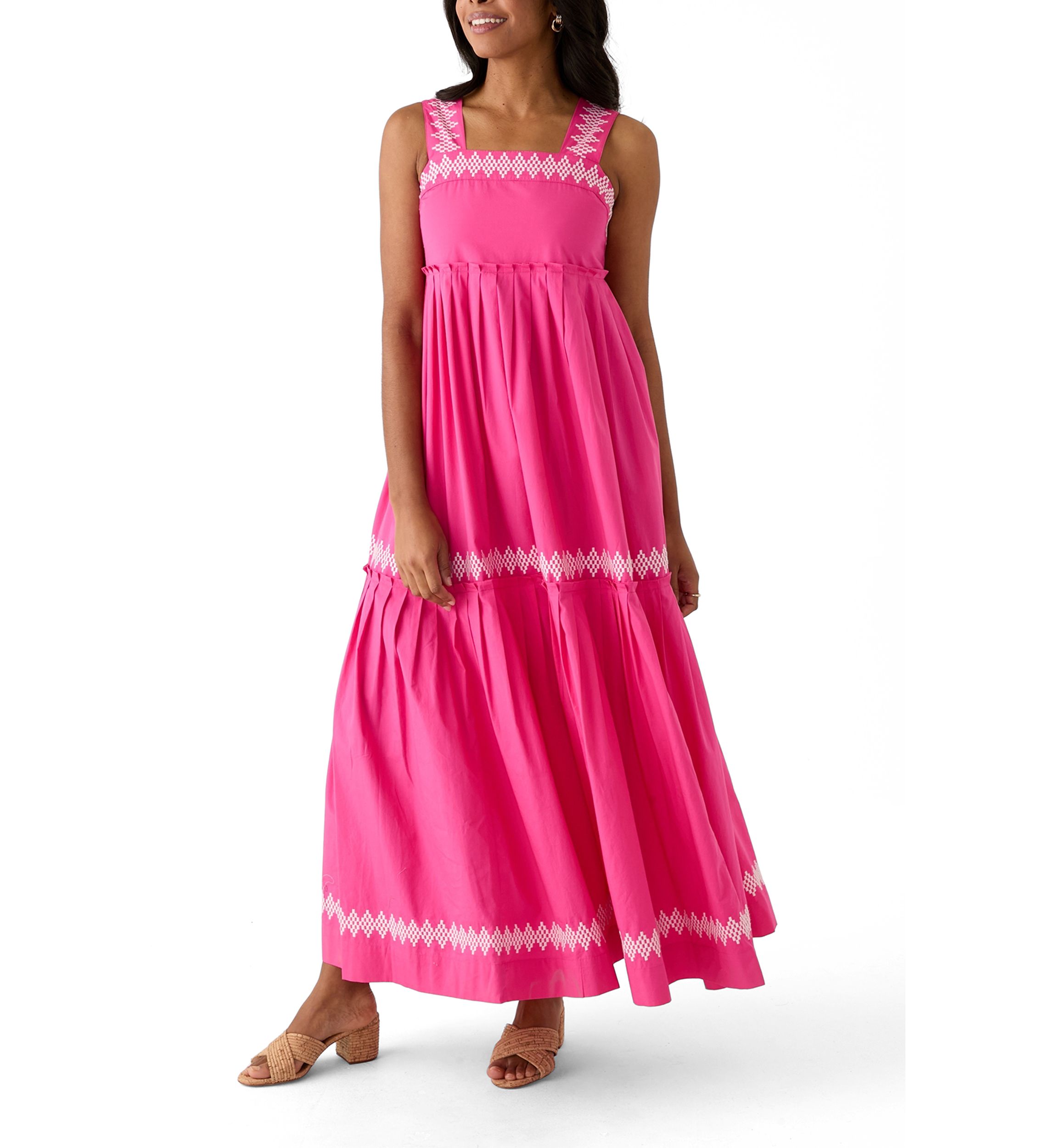 Womens Sleeveless Embroidered Tiered Maxi Dress