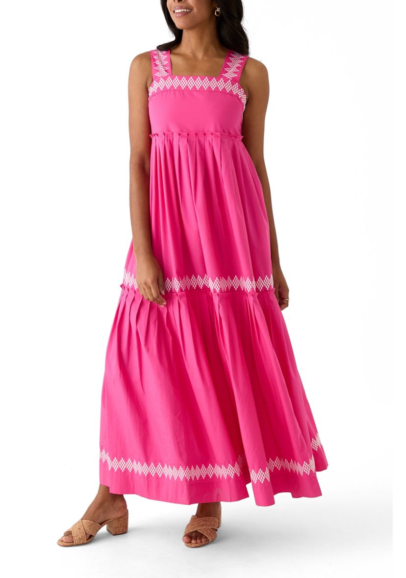Womens Sleeveless Embroidered Tiered Maxi Dress