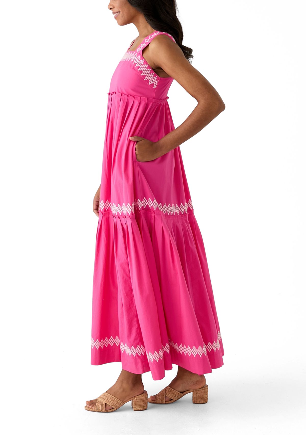 Womens Sleeveless Embroidered Tiered Maxi Dress