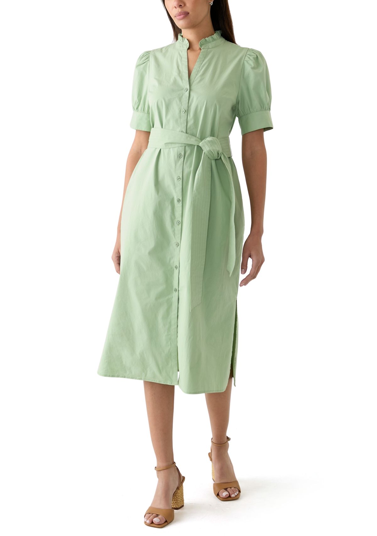 Womens Short Sleeve Button Up Midi Straight Dress