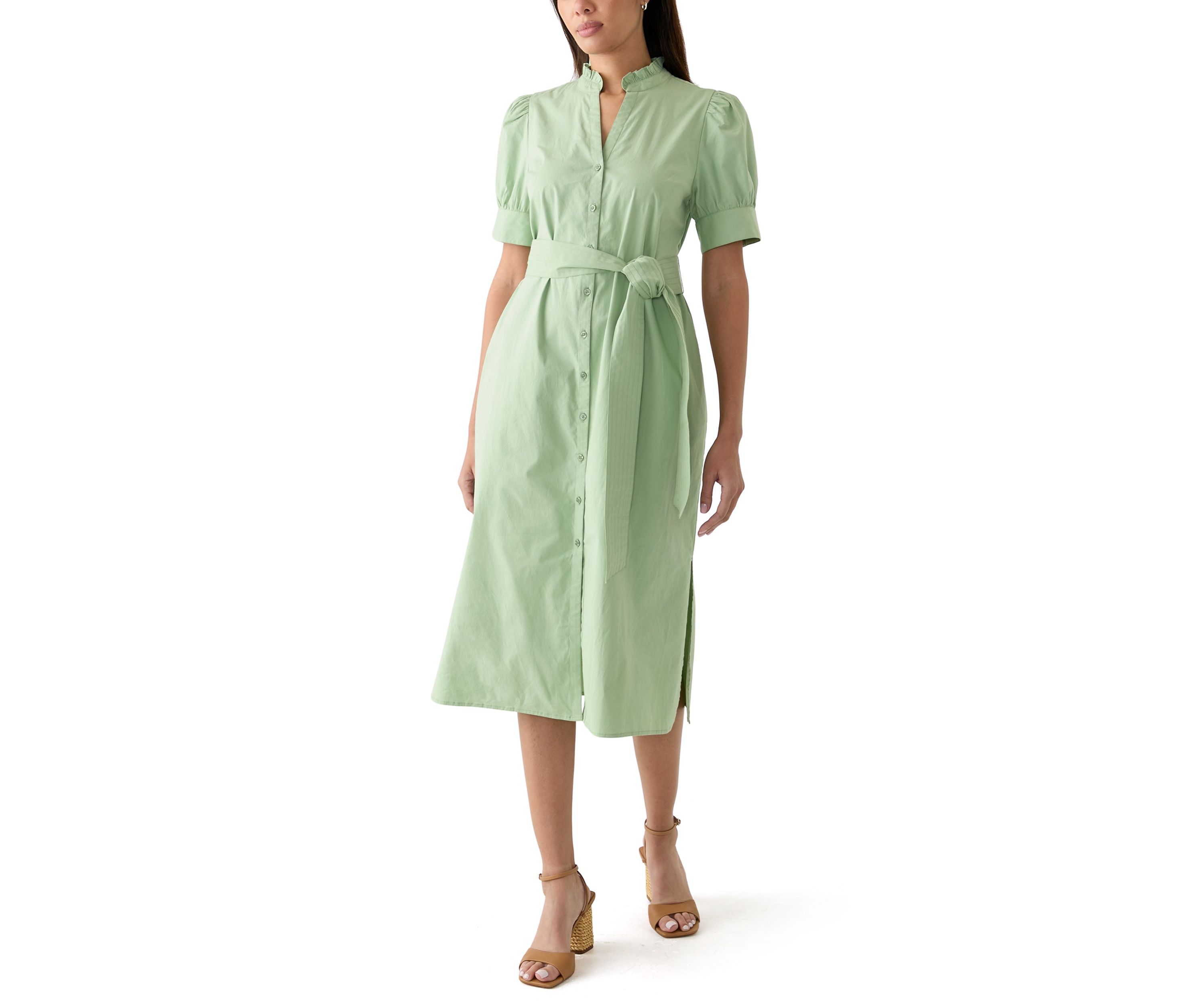 Womens Short Sleeve Button Up Midi Straight Dress