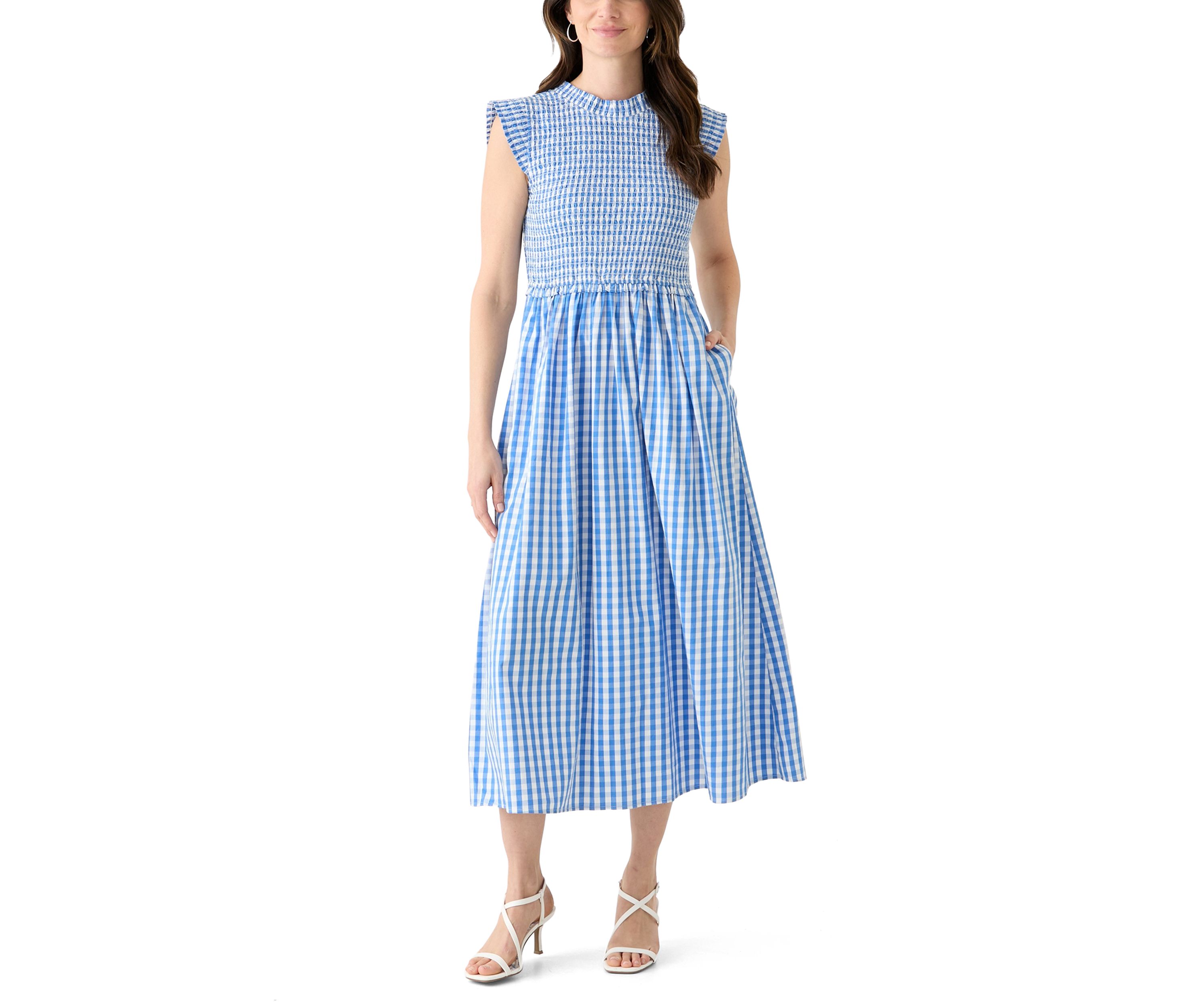 Womens Sleeveless Smocked Midi Dress