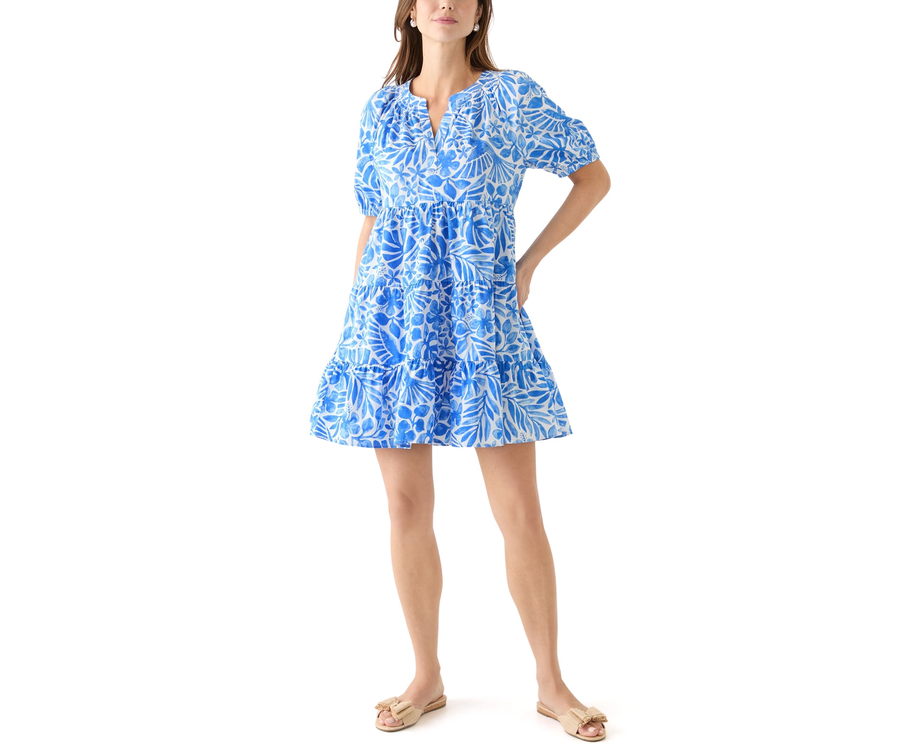 Womens Puff Sleeve Floral Peasant Dress 