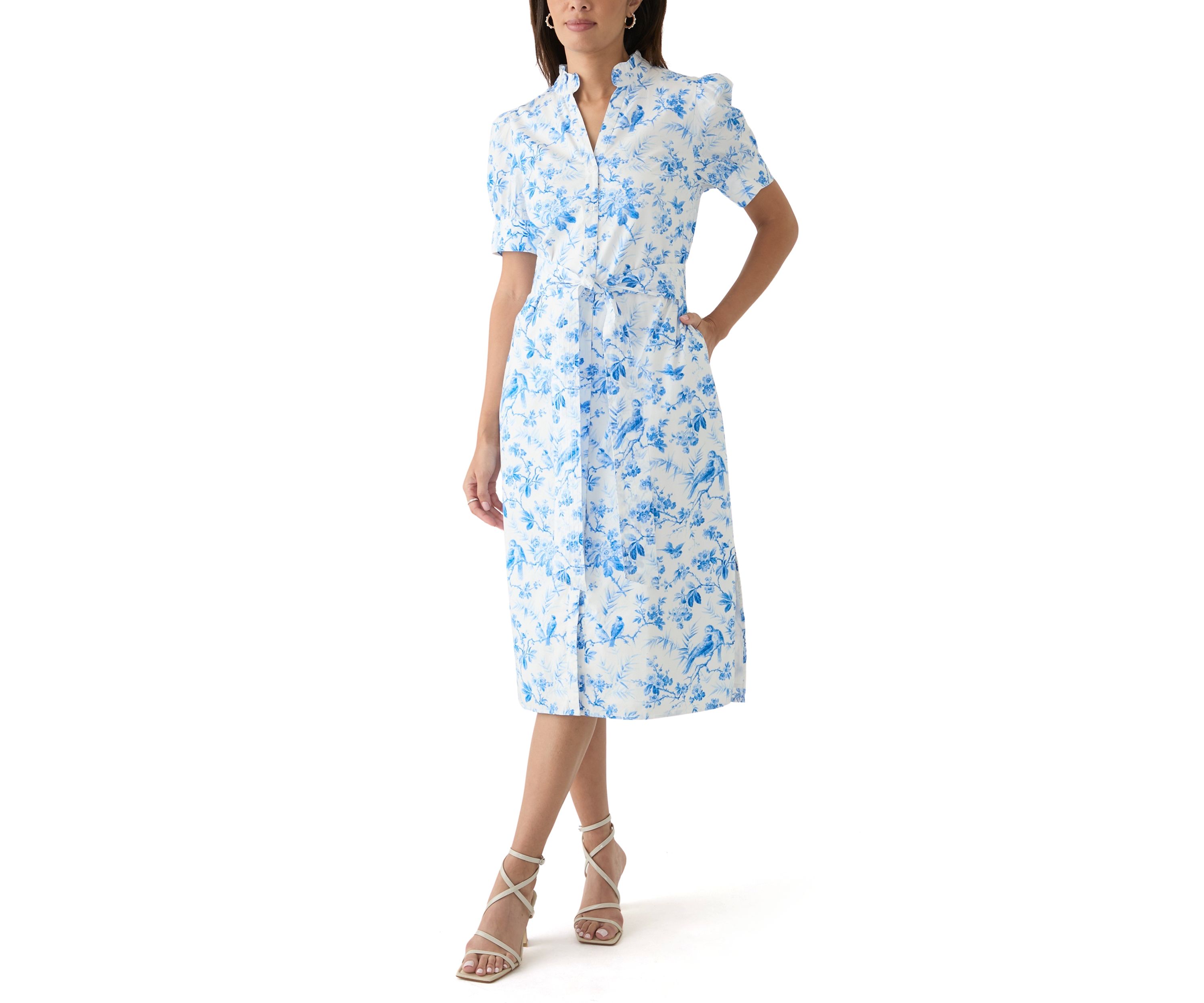 Womens Short Sleeve Button Front Ruffle Collar Floral Dress