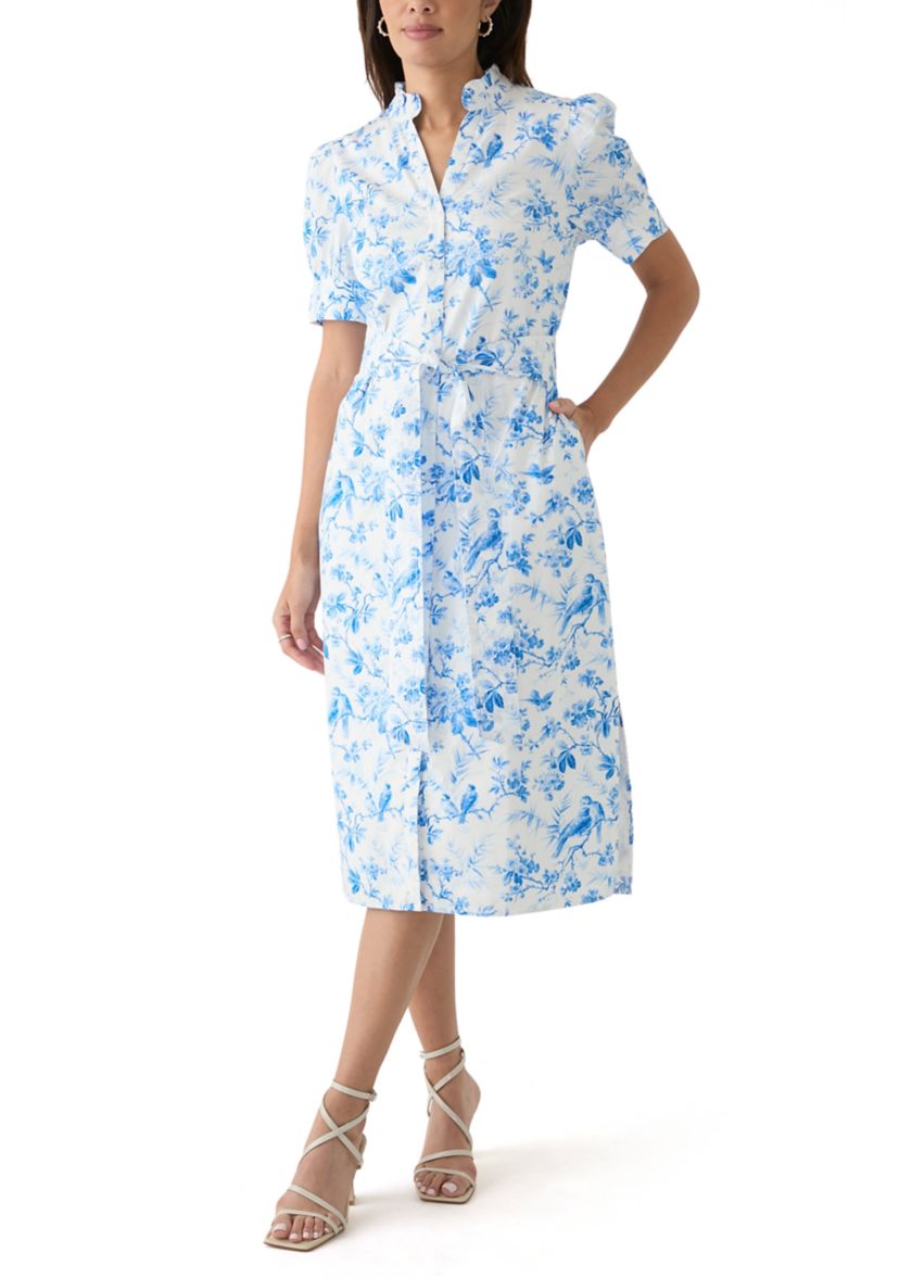 Womens Short Sleeve Button Front Ruffle Collar Floral Dress