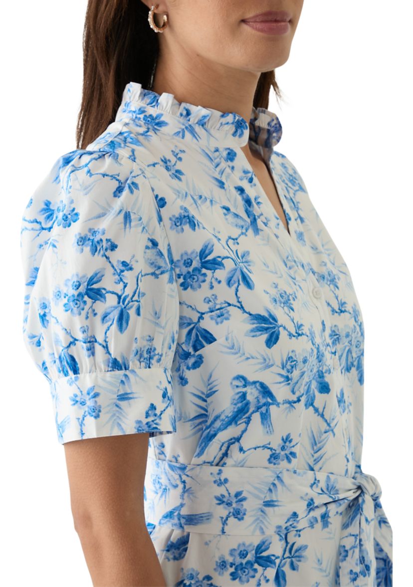 Womens Short Sleeve Button Front Ruffle Collar Floral Dress