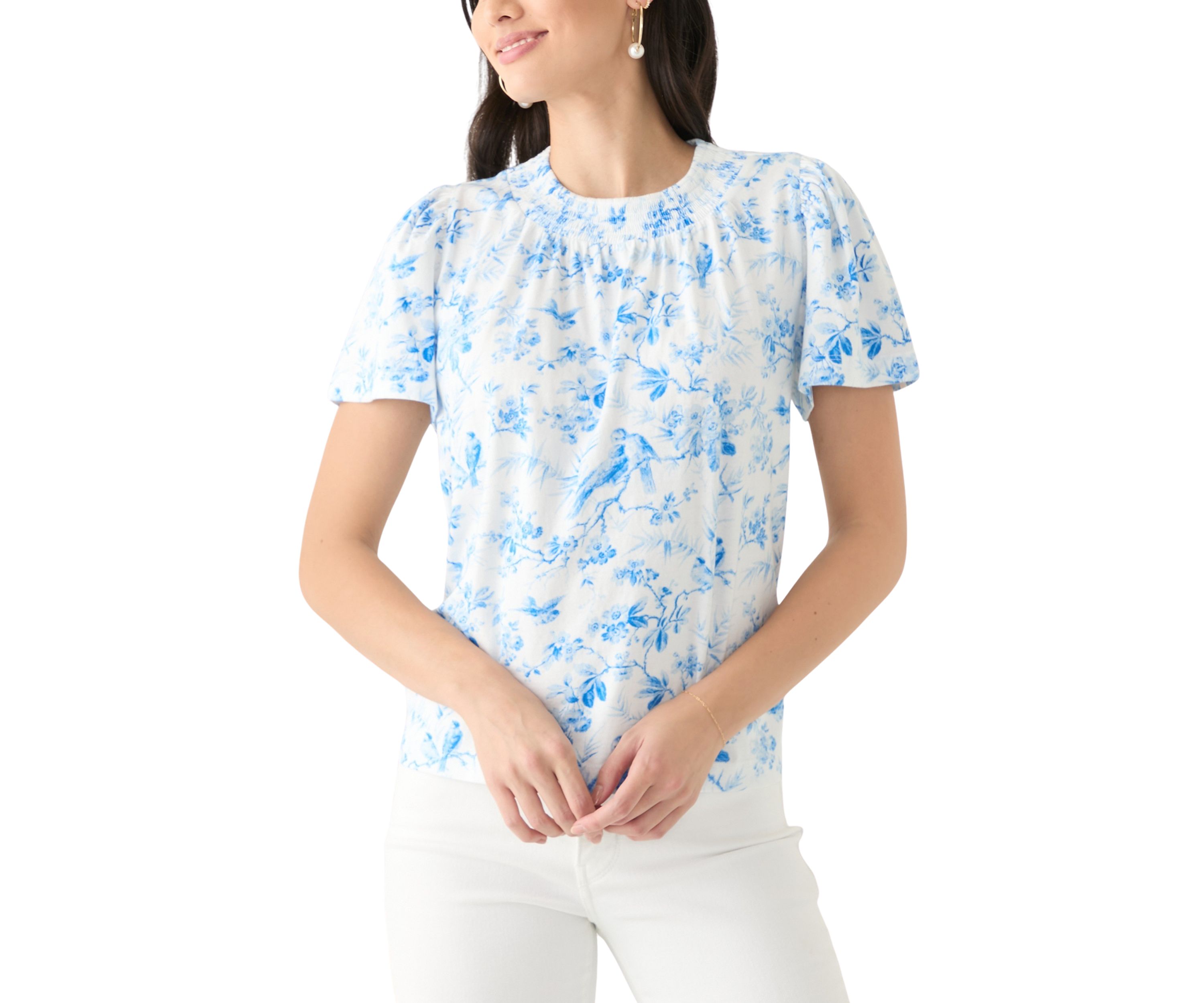 Womens Puff Sleeve Smock Neck T-Shirt 