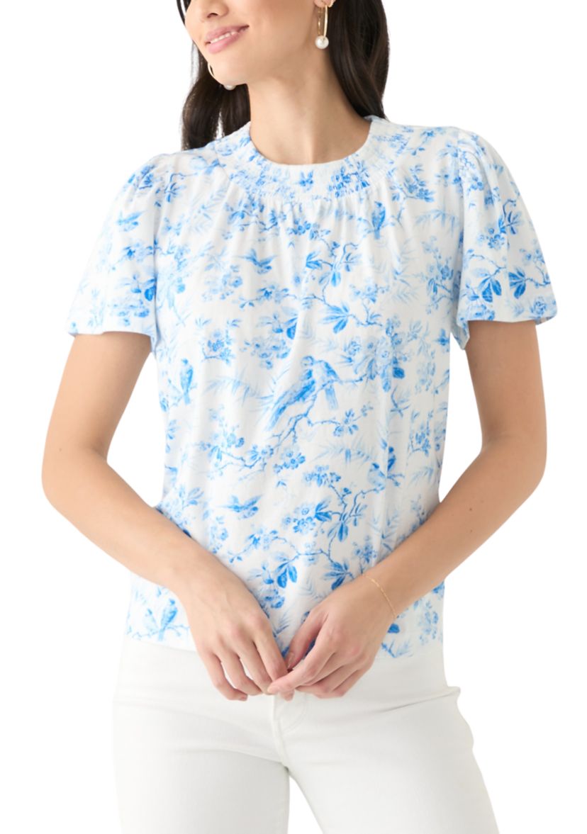 Womens Puff Sleeve Smock Neck T-Shirt 
