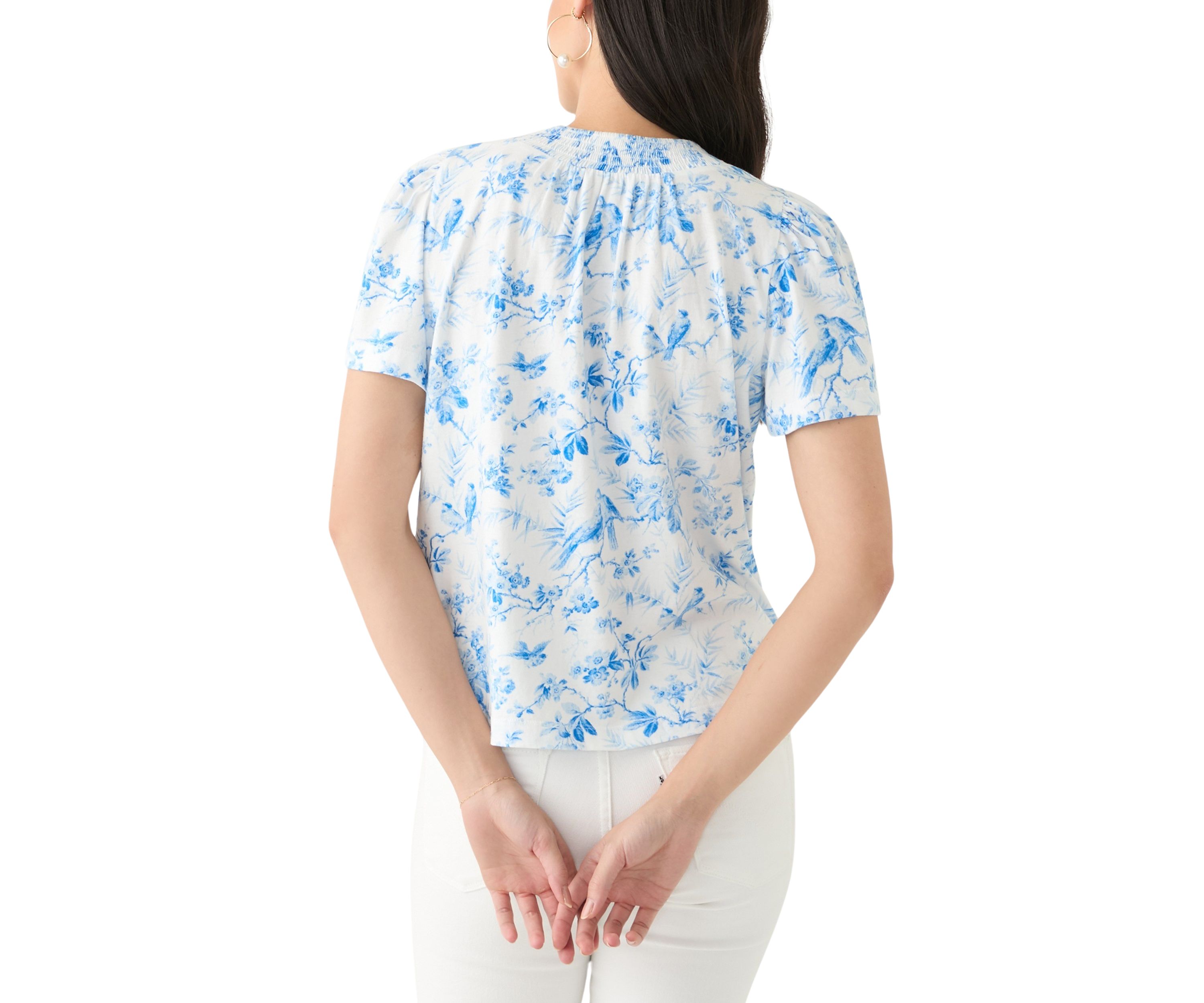 Womens Puff Sleeve Smock Neck T-Shirt 