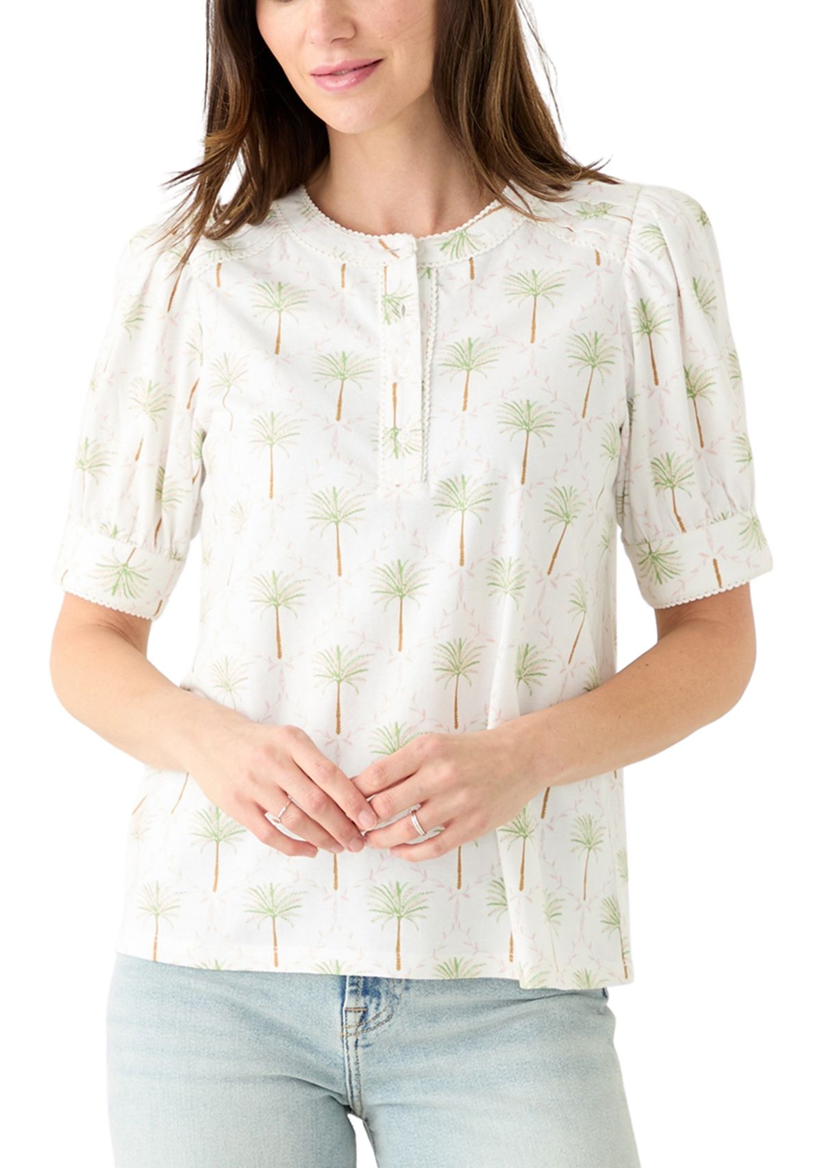 Womens Short Sleeve Printed Henley Top