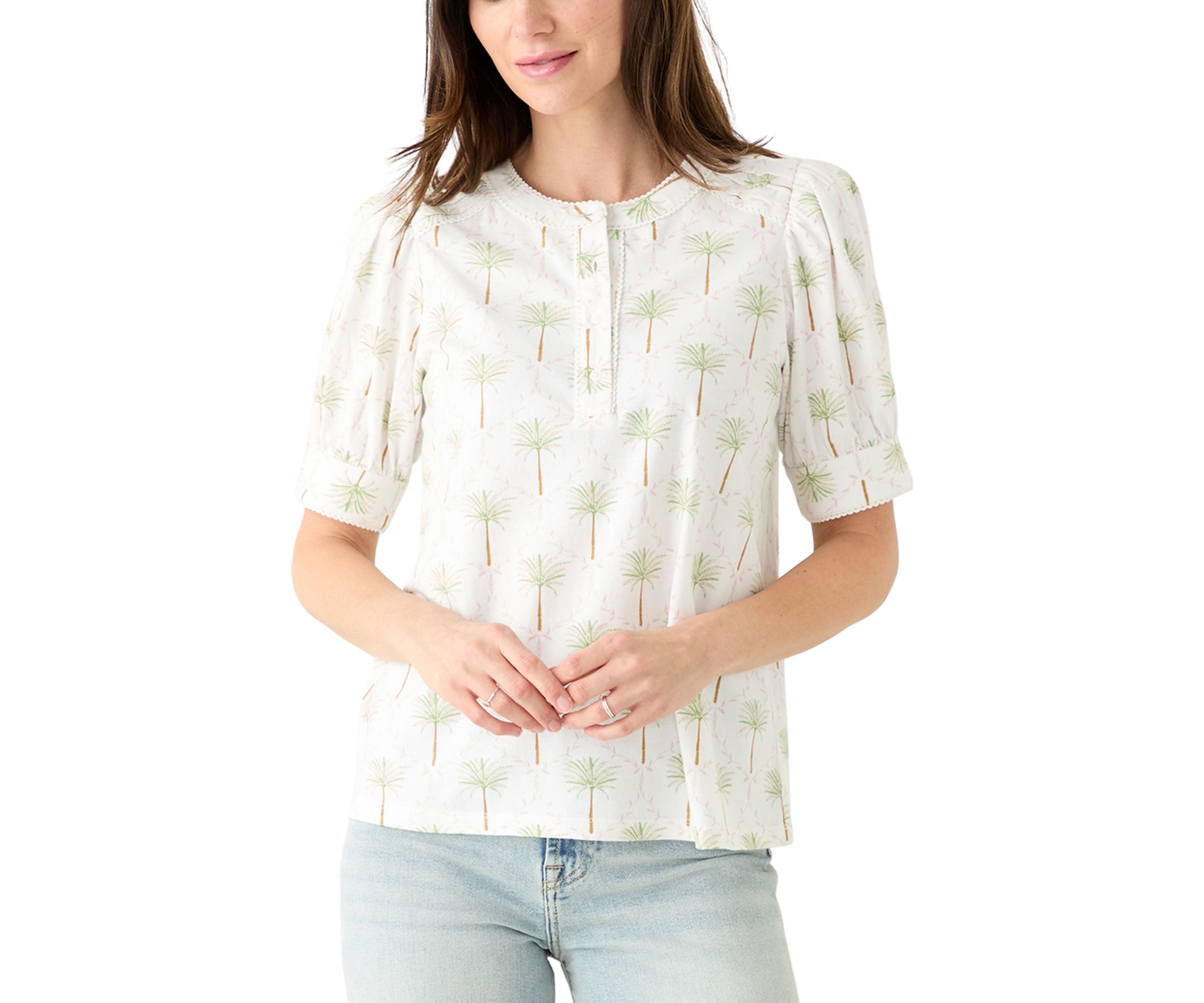 Womens Short Sleeve Printed Henley Top