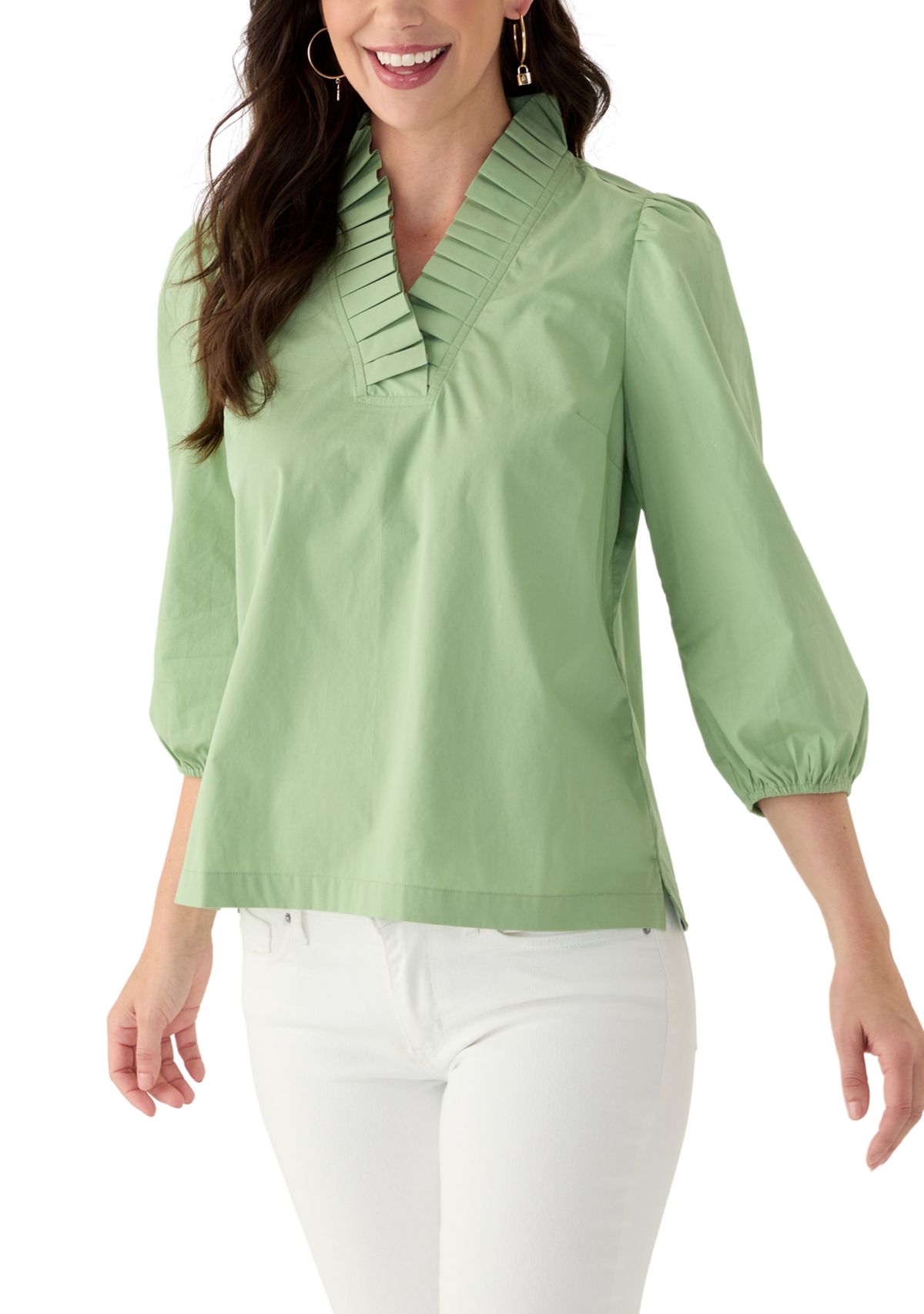 Womens Solid Ruffle Neck Top