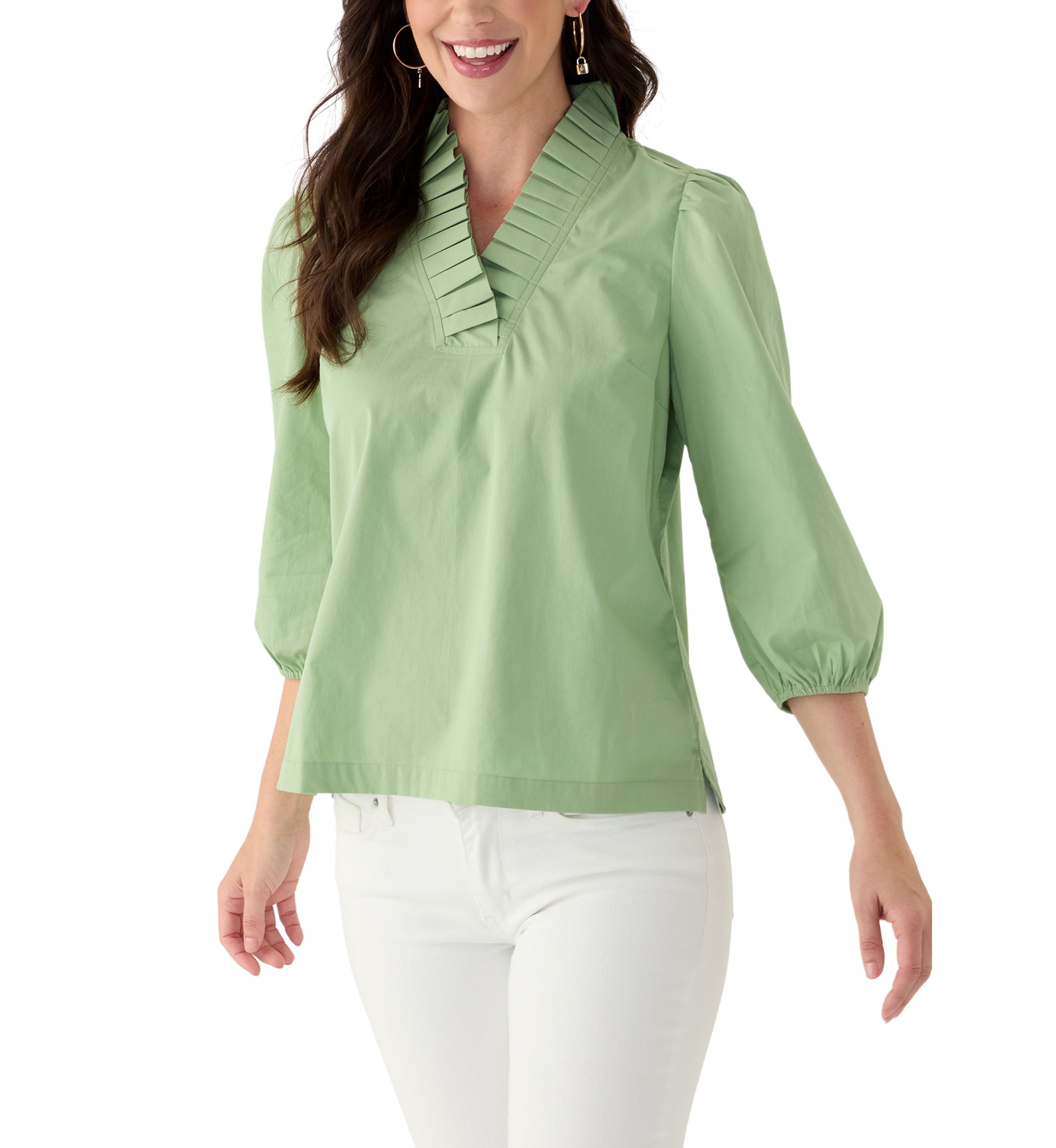 Womens Solid Ruffle Neck Top